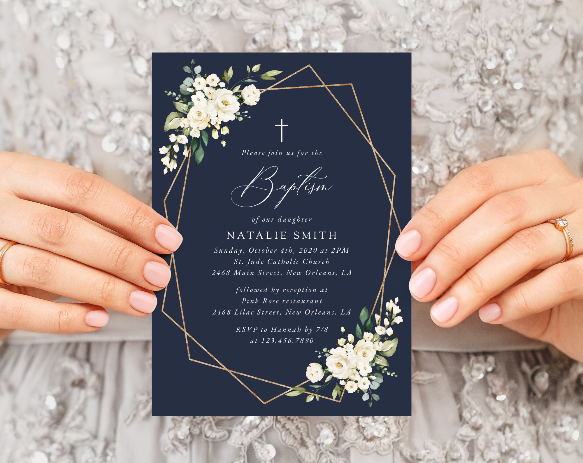 Navy and White Flowers Baptism Invitation, Baptism Stationery, Printable File, Edit Yourself, SH140