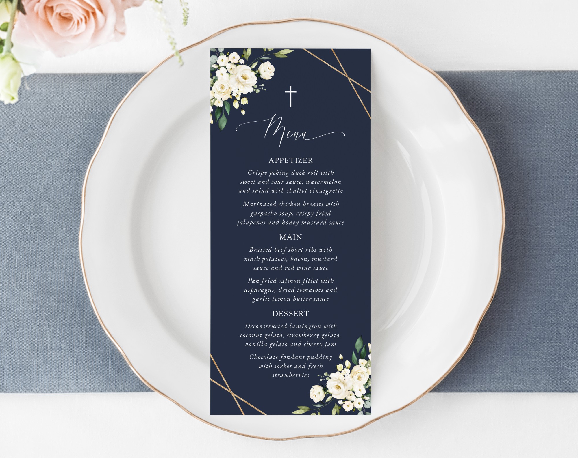 Navy and White Flowers Menu, Baptism, First Holy Communion, Printable File, Edit Yourself, SH140 SH141