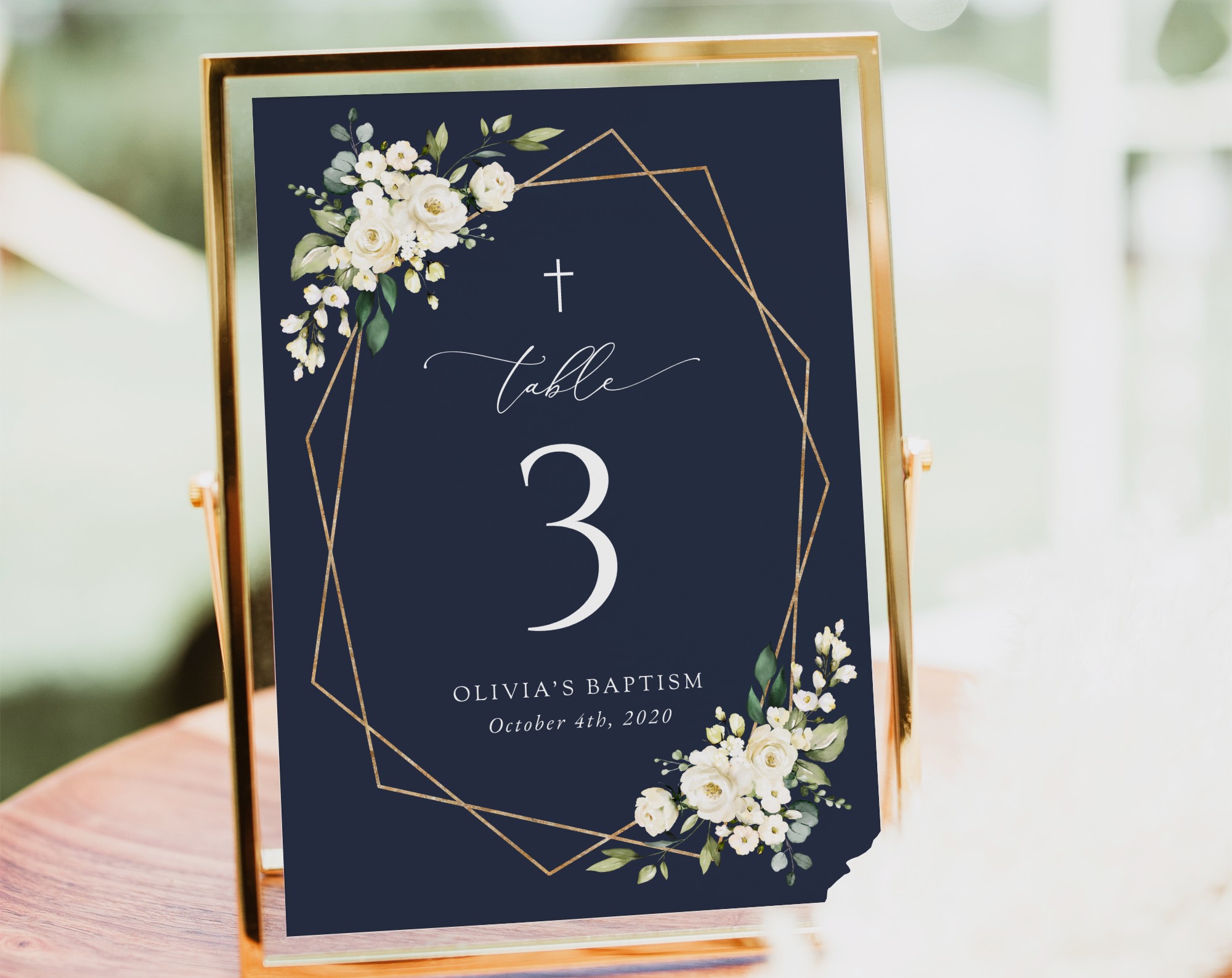 Navy and White Flowers Table Number Sign, Baptism Sign, Printable File, Edit Yourself, SH140