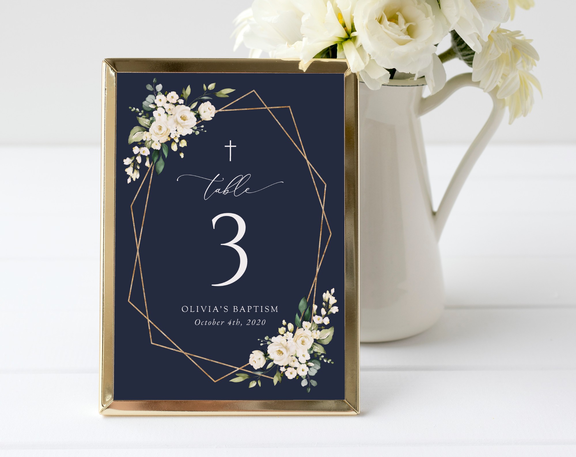 Navy and White Flowers Table Number Sign, Baptism Sign, Printable File, Edit Yourself, SH140