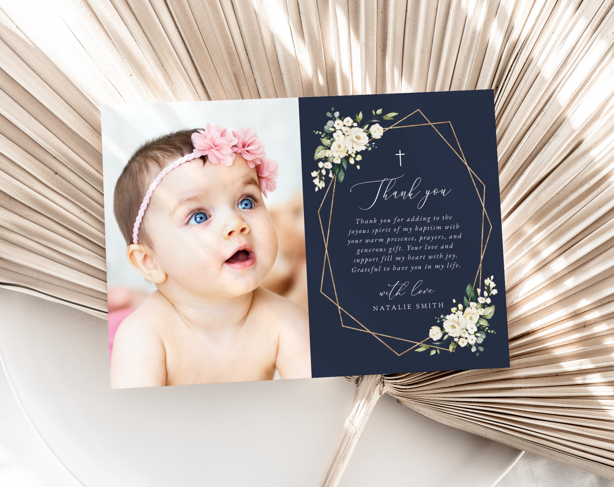 Navy and White Flowers Baptism Thank You Card, Baptism Stationery, Printable File, Edit Yourself, SH140
