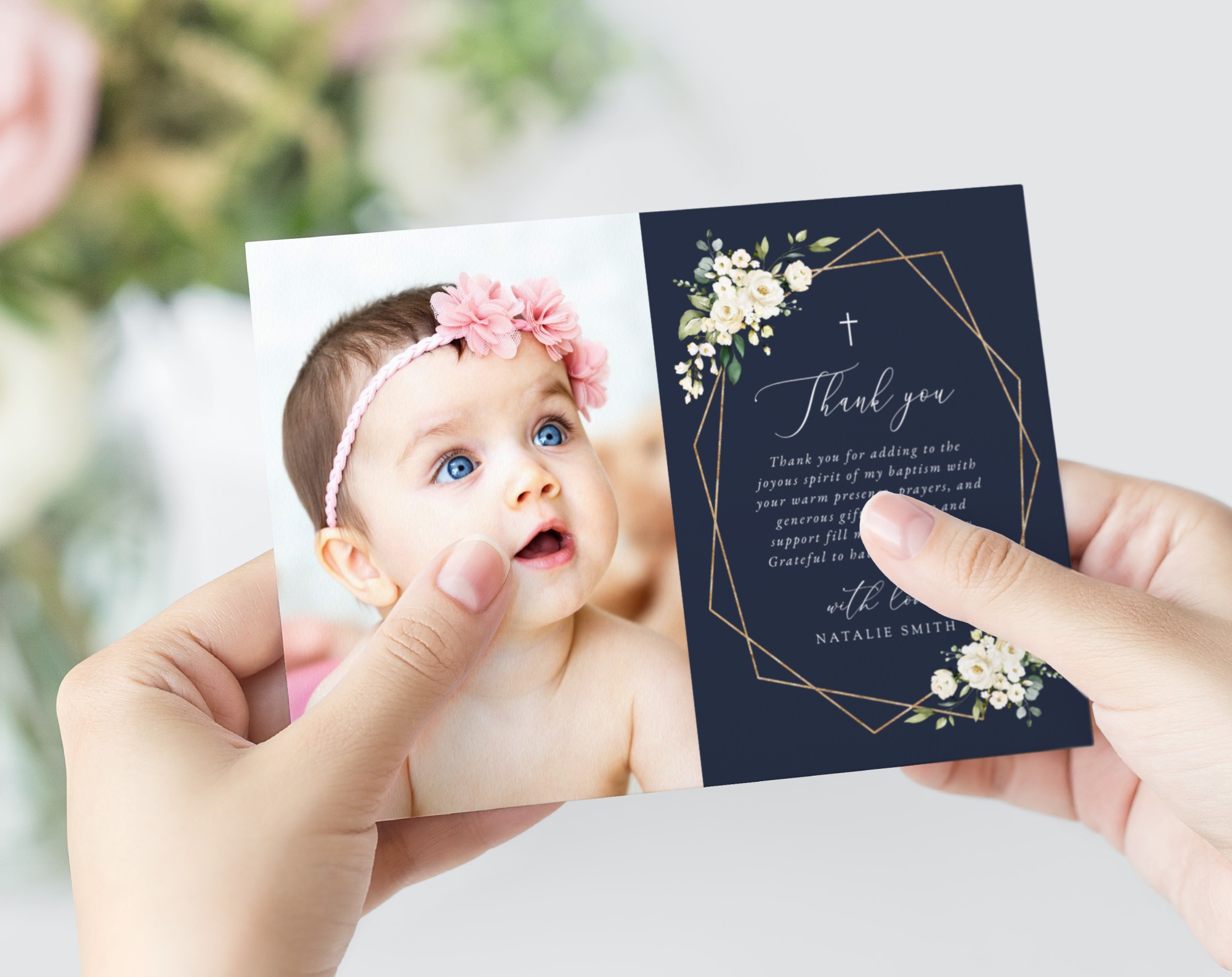 Navy and White Flowers Baptism Thank You Card, Baptism Stationery, Printable File, Edit Yourself, SH140