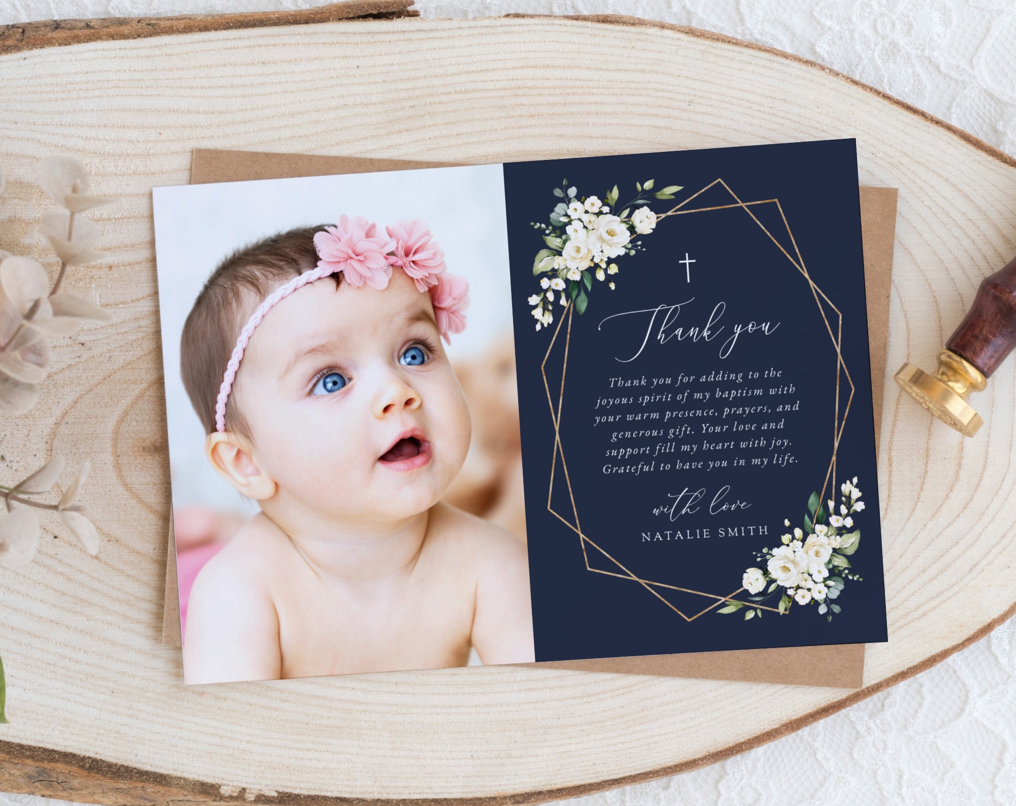 Navy and White Flowers Baptism Thank You Card, Baptism Stationery, Printable File, Edit Yourself, SH140