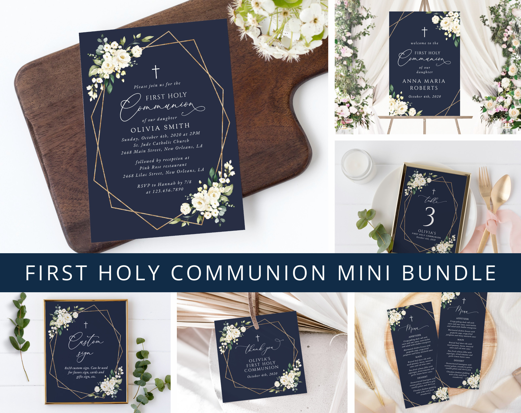 Navy and White Flowers First Holy Communion Mini Bundle, Printable File, Edit Yourself, SH141