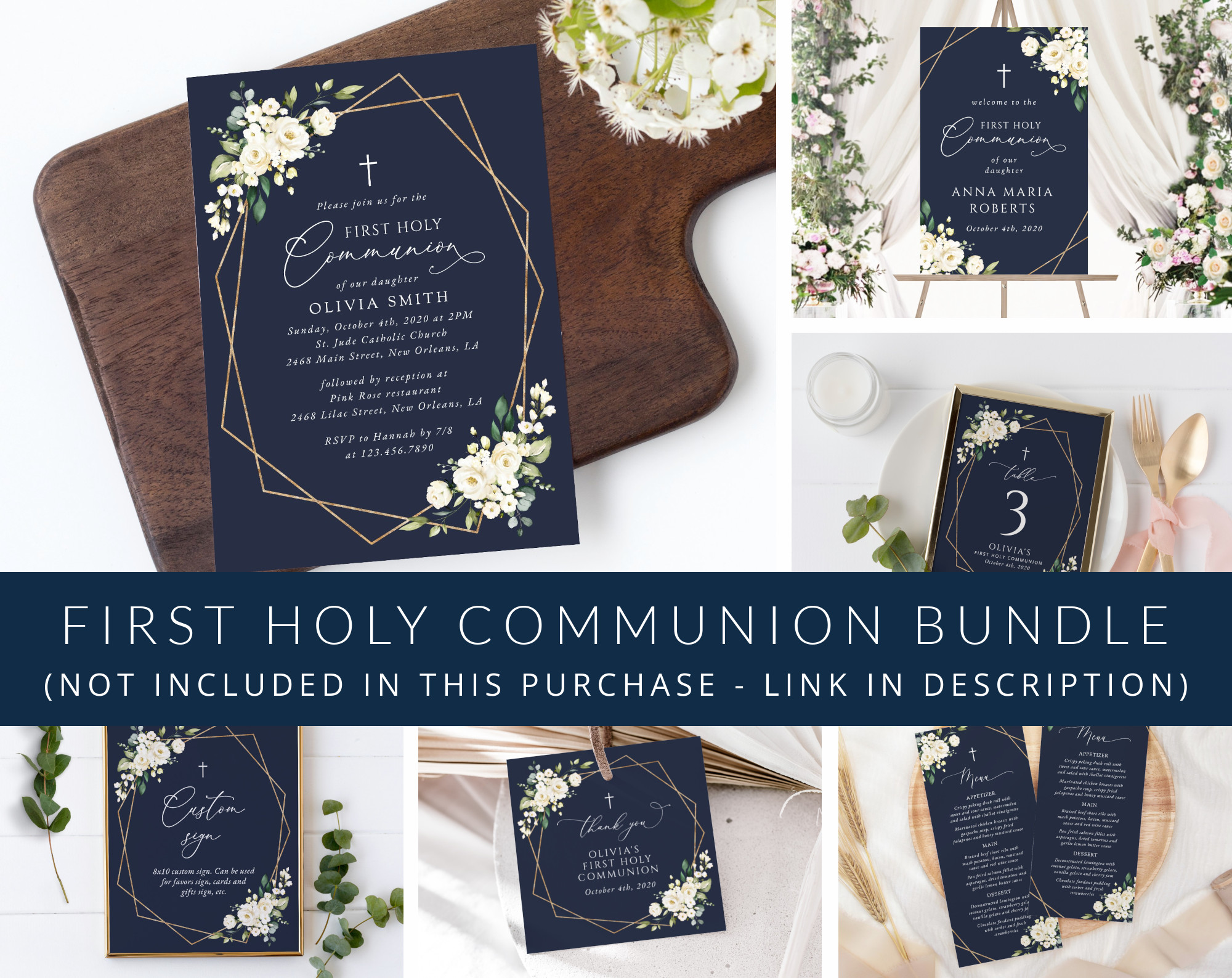 Navy and White Flowers First Holy Communion Mini Bundle, Printable File, Edit Yourself, SH141