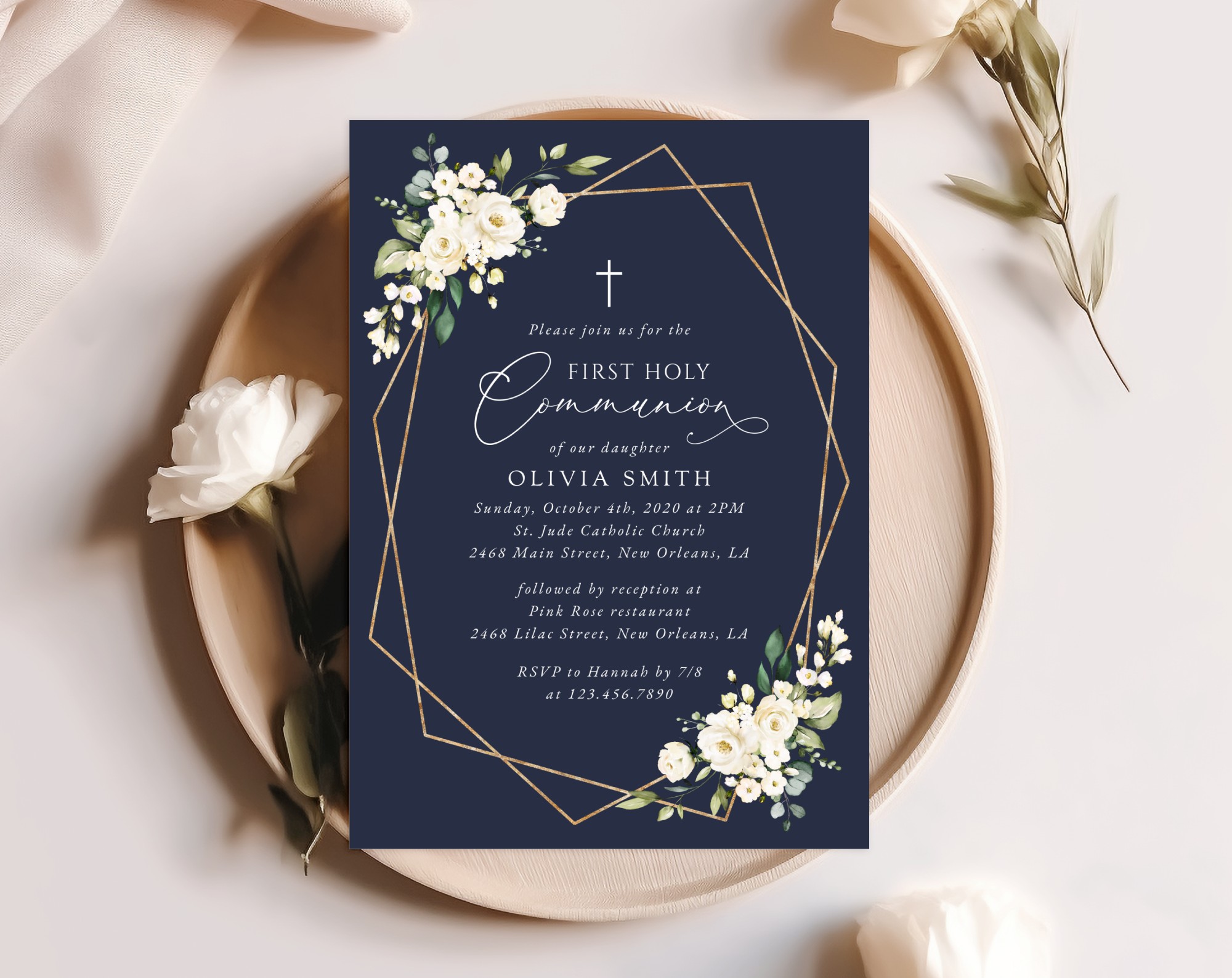 Navy and White Flowers First Holy Communion Invitation, Printable File, Edit Yourself, SH141