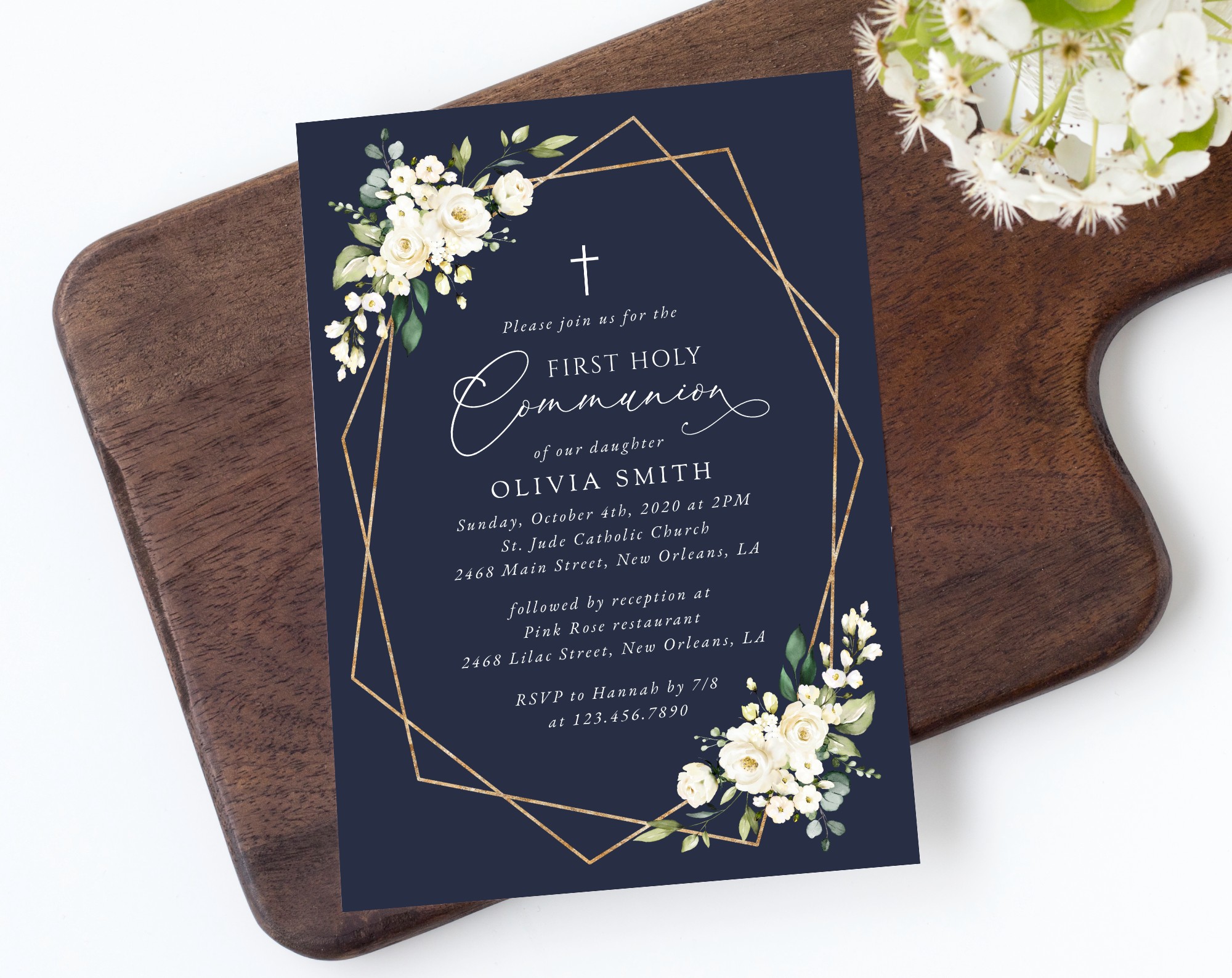 Navy and White Flowers First Holy Communion Invitation, Printable File, Edit Yourself, SH141