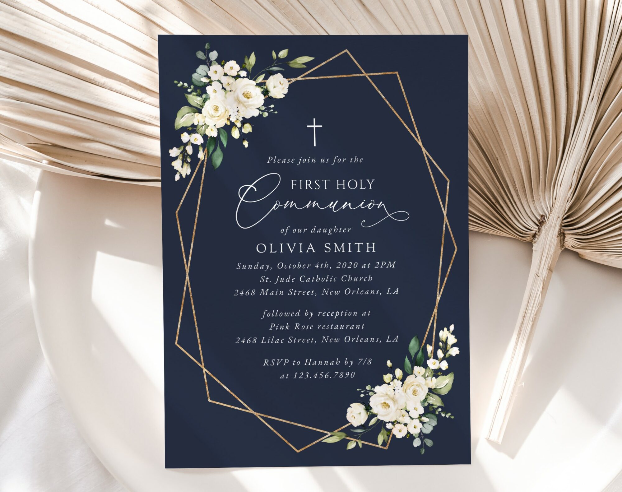 Navy and White Flowers First Holy Communion Invitation, Printable File, Edit Yourself, SH141