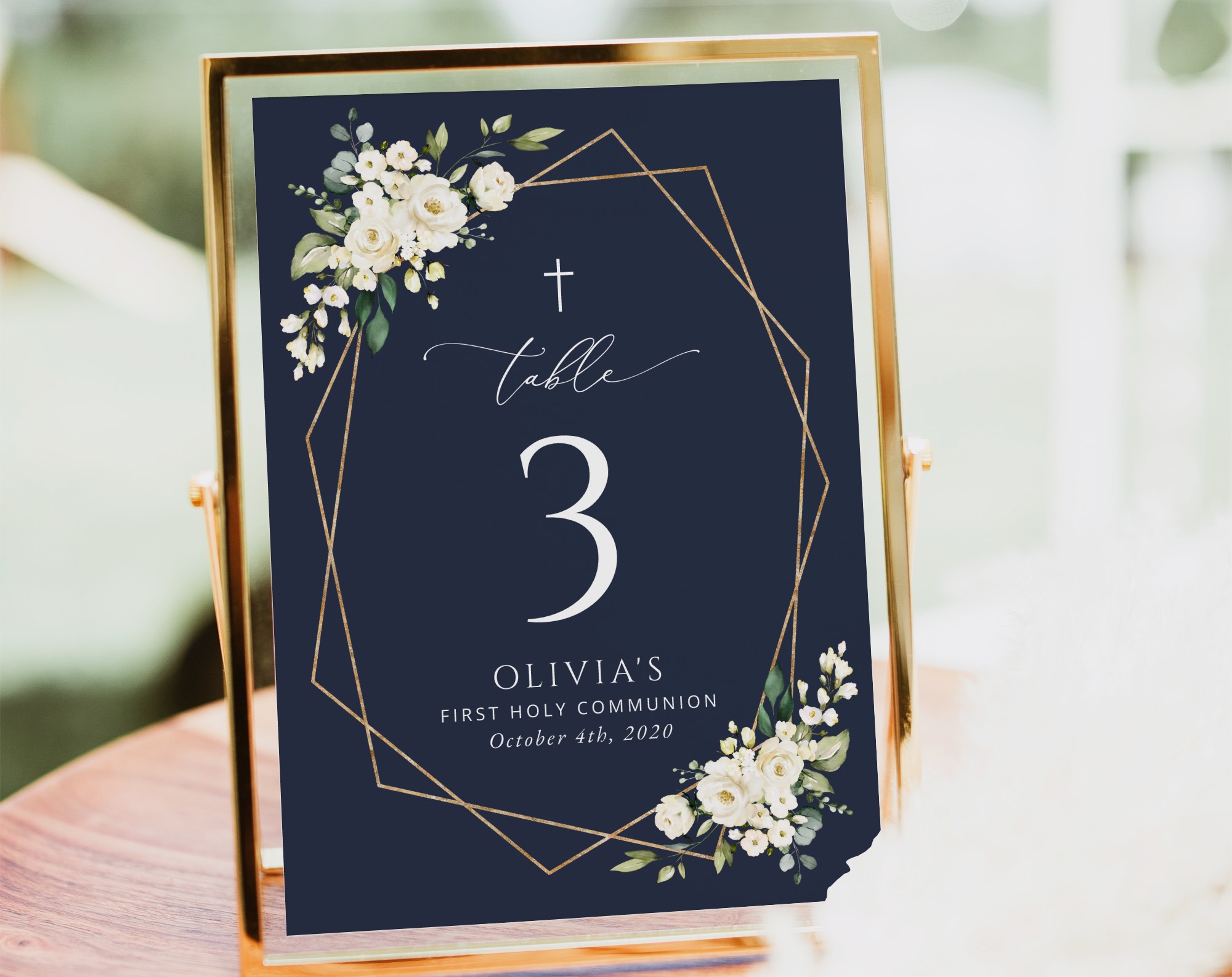Navy and White Flowers Table Number Sign, First Holy Communion Sign, Printable File, Edit Yourself, SH141