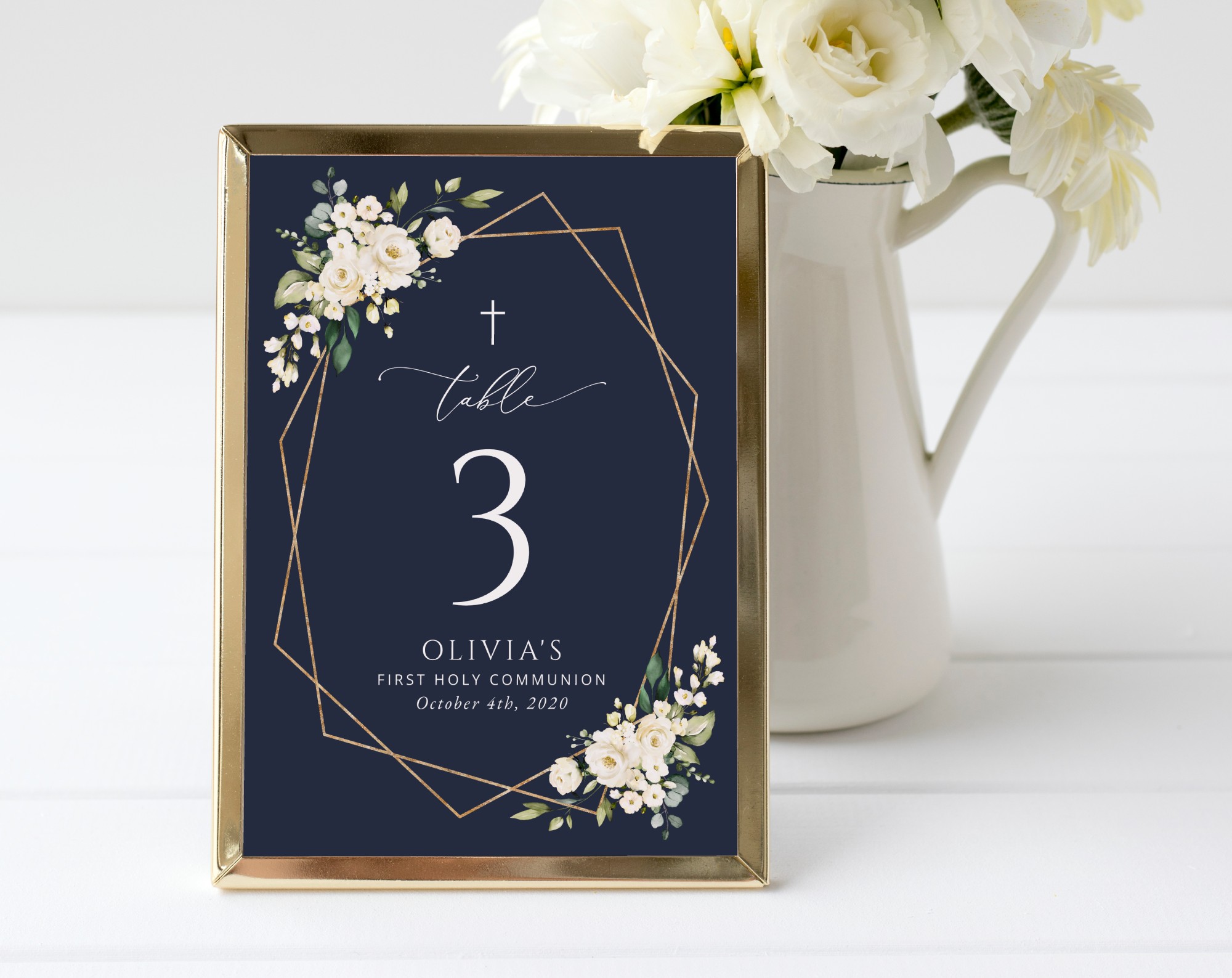Navy and White Flowers Table Number Sign, First Holy Communion Sign, Printable File, Edit Yourself, SH141