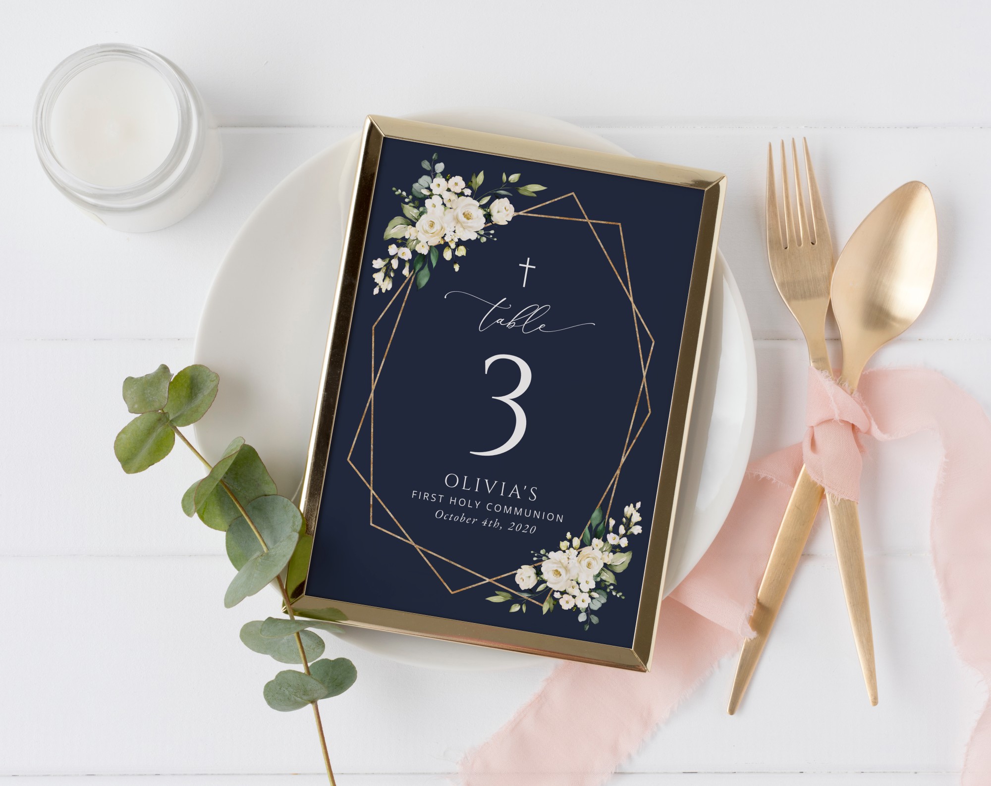 Navy and White Flowers Table Number Sign, First Holy Communion Sign, Printable File, Edit Yourself, SH141