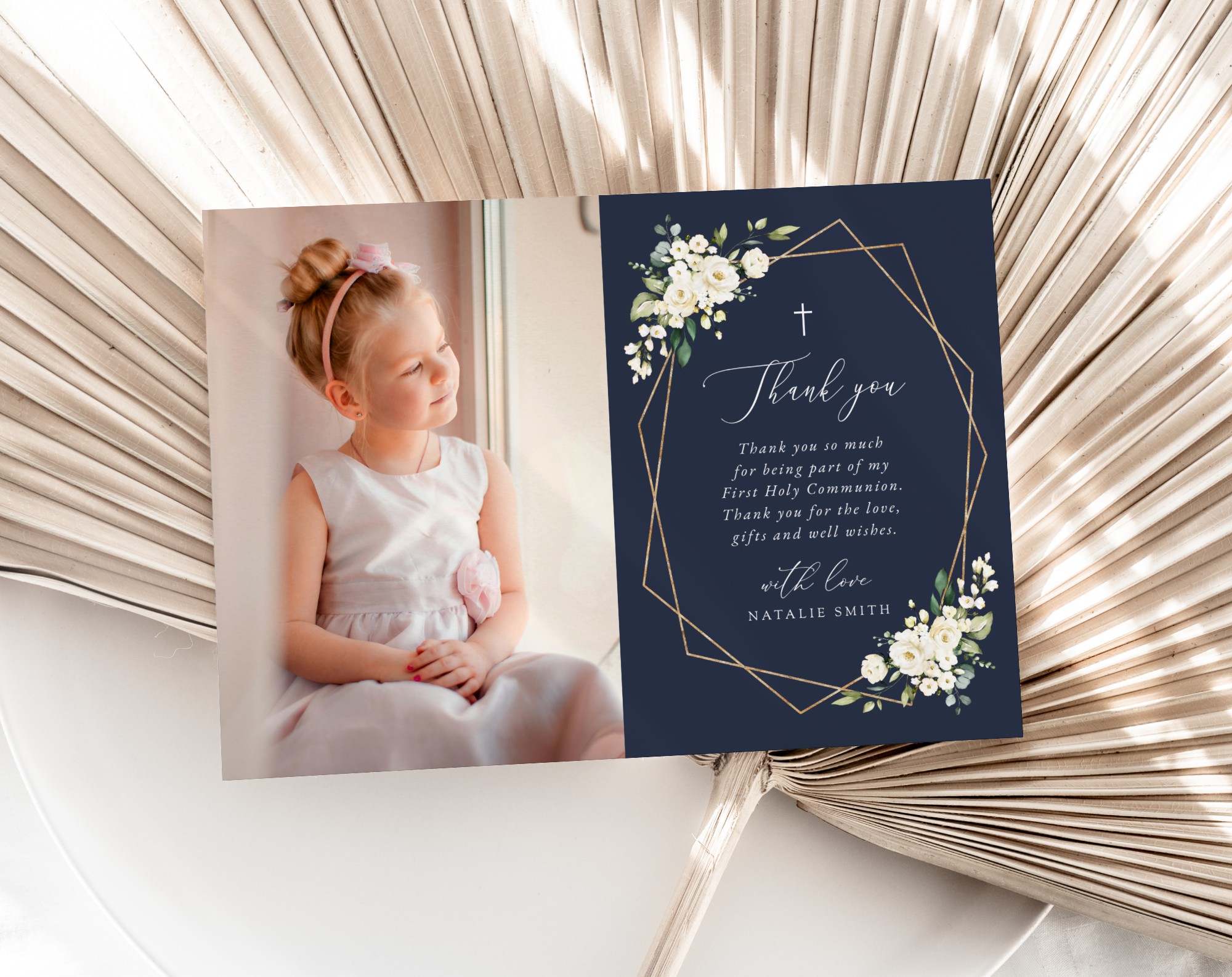 Navy and White Flowers First Holy Communion Thank You Card, Printable File, Edit Yourself, SH141