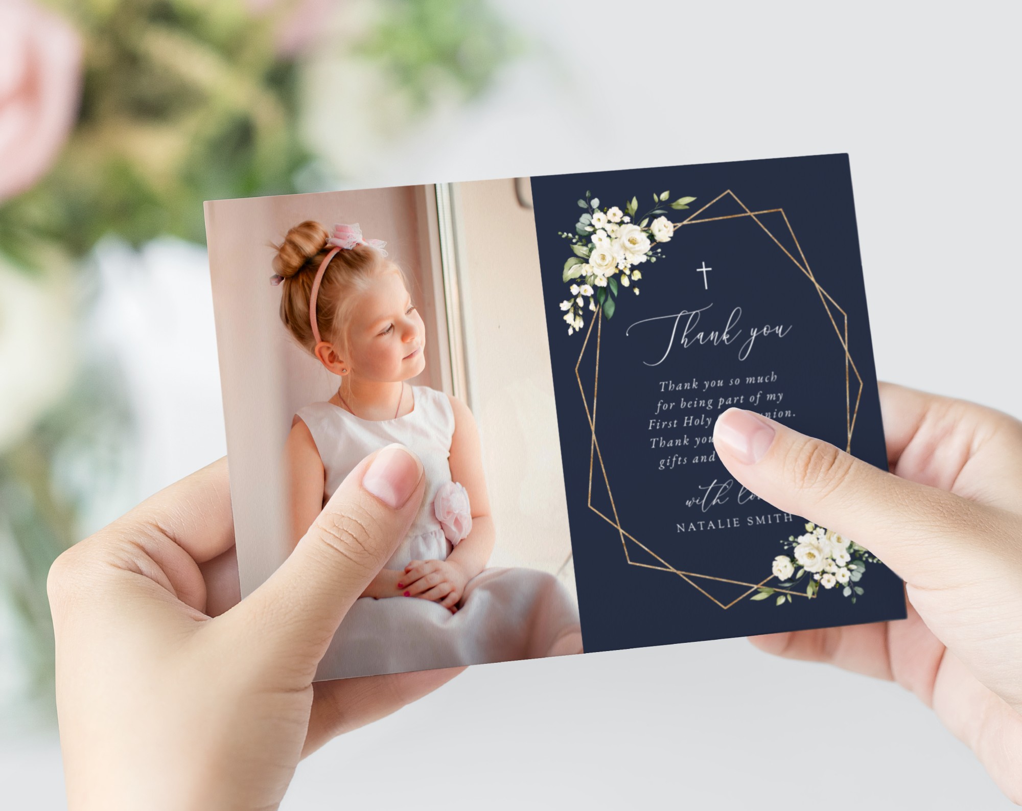Navy and White Flowers First Holy Communion Thank You Card, Printable File, Edit Yourself, SH141 Navy and White Flowers First Holy Communion Thank You Card, Printable File, Edit Yourself, SH141