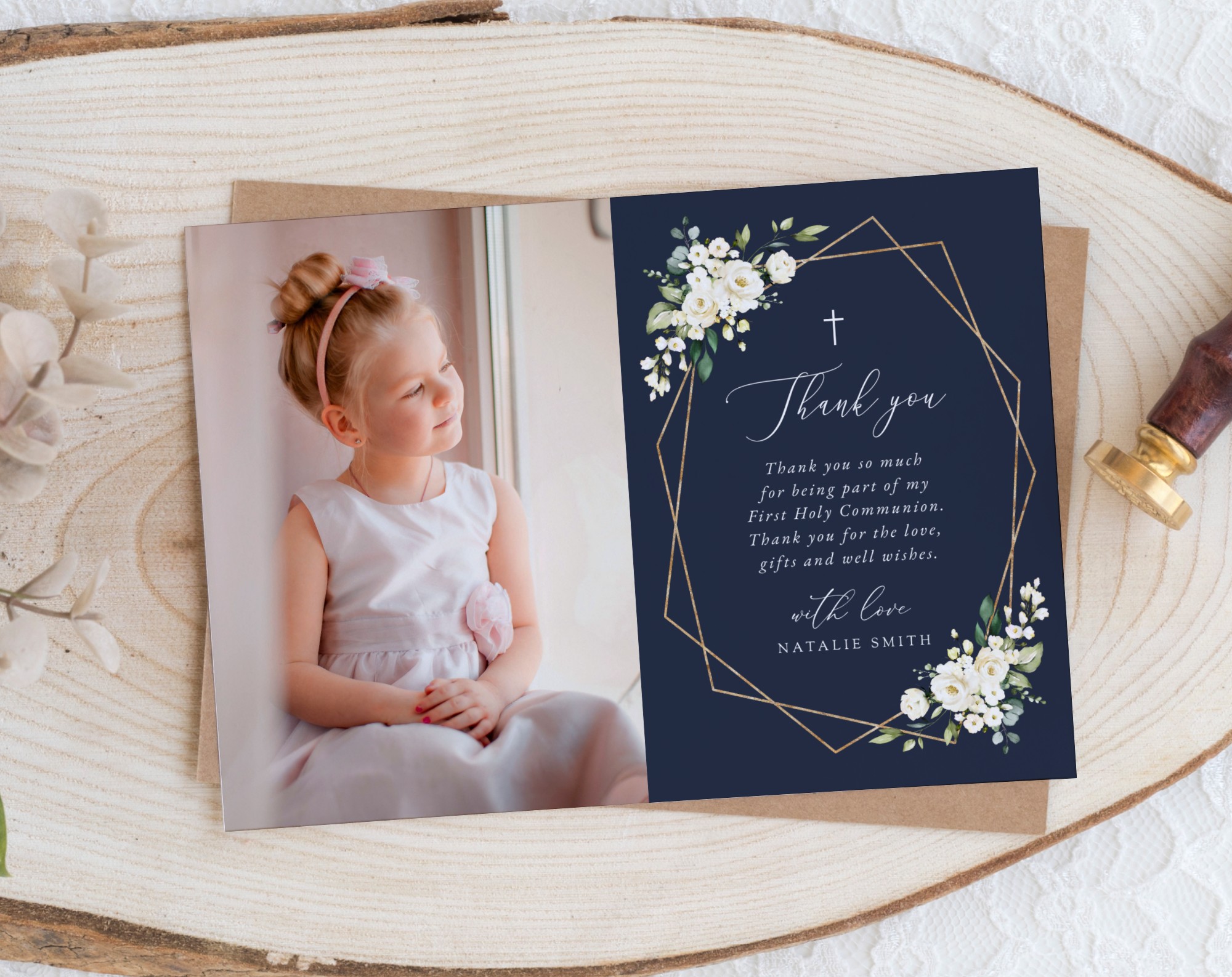 Navy and White Flowers First Holy Communion Thank You Card, Printable File, Edit Yourself, SH141 Navy and White Flowers First Holy Communion Thank You Card, Printable File, Edit Yourself, SH141