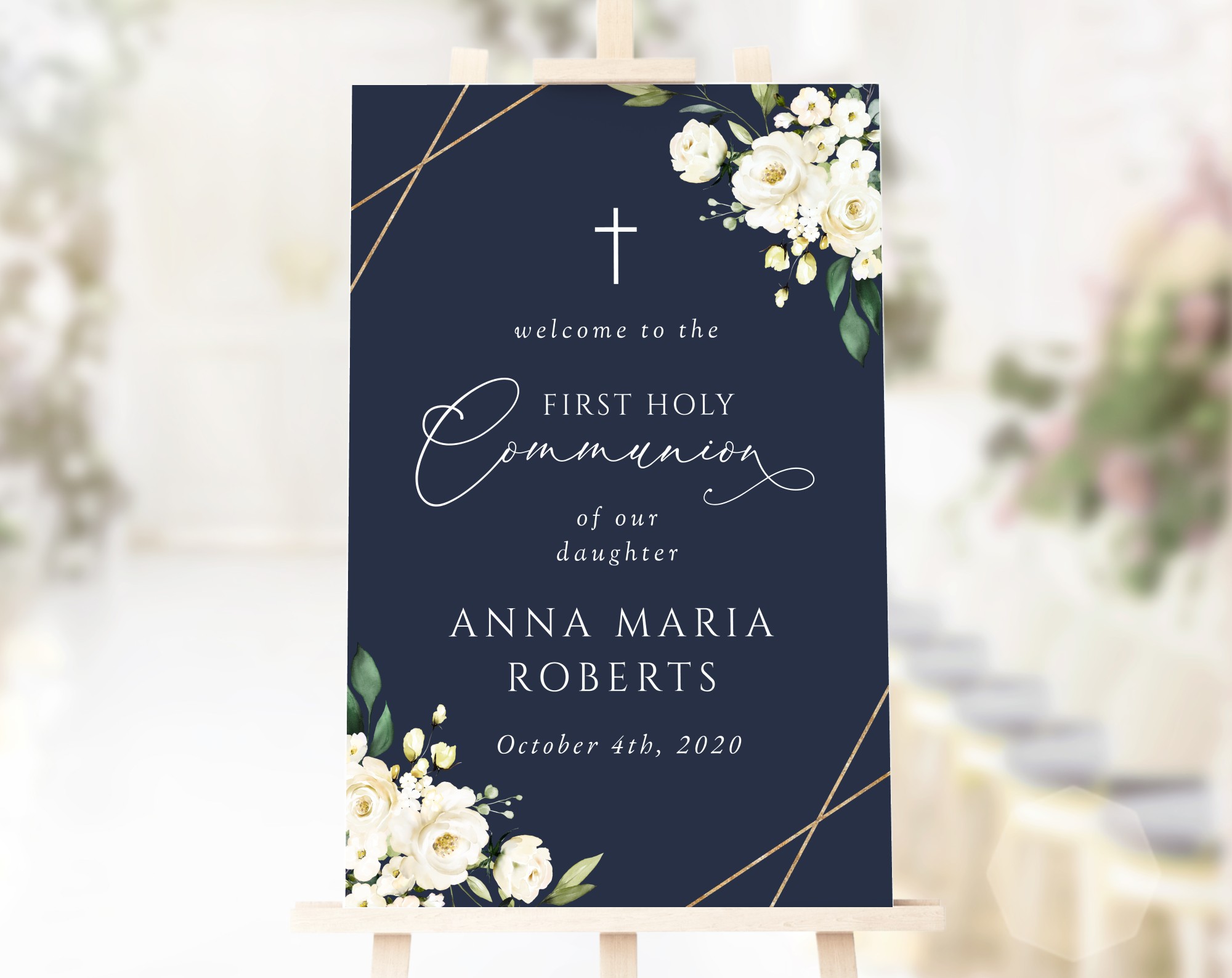 Navy and White Flowers Welcome Sign, First Holy Communion Sign, Printable File, Edit Yourself, SH141 Navy and White Flowers Welcome Sign, First Holy Communion Sign, Printable File, Edit Yourself, SH141