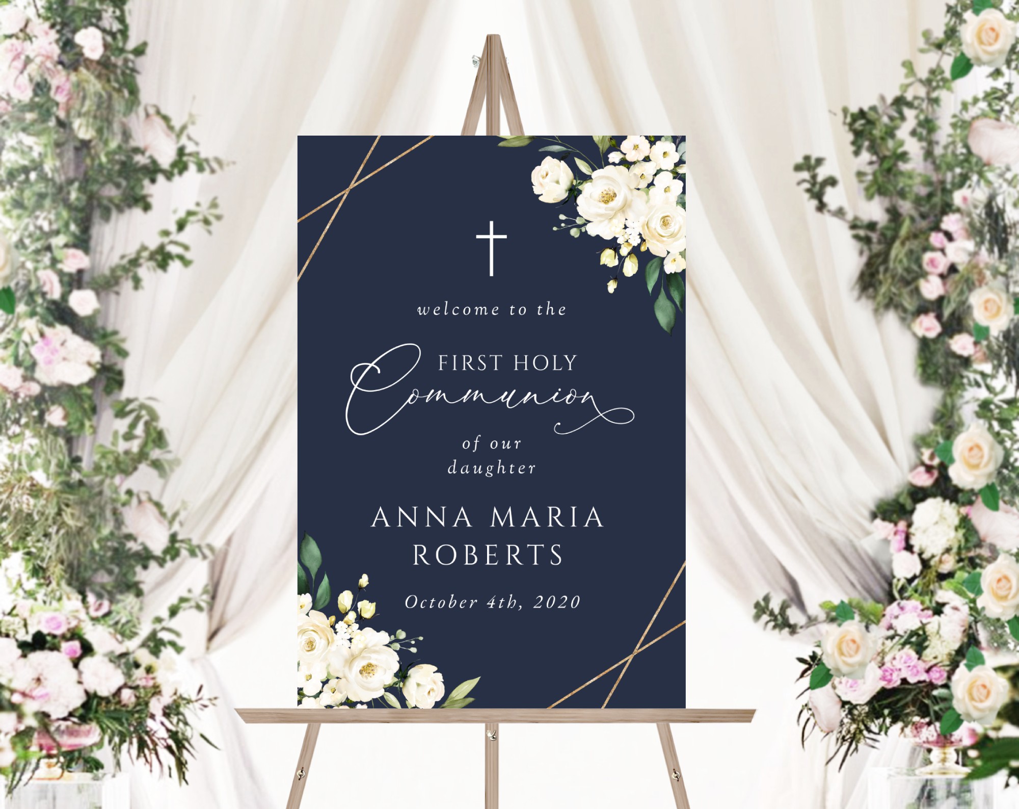 Navy and White Flowers Welcome Sign, First Holy Communion Sign, Printable File, Edit Yourself, SH141