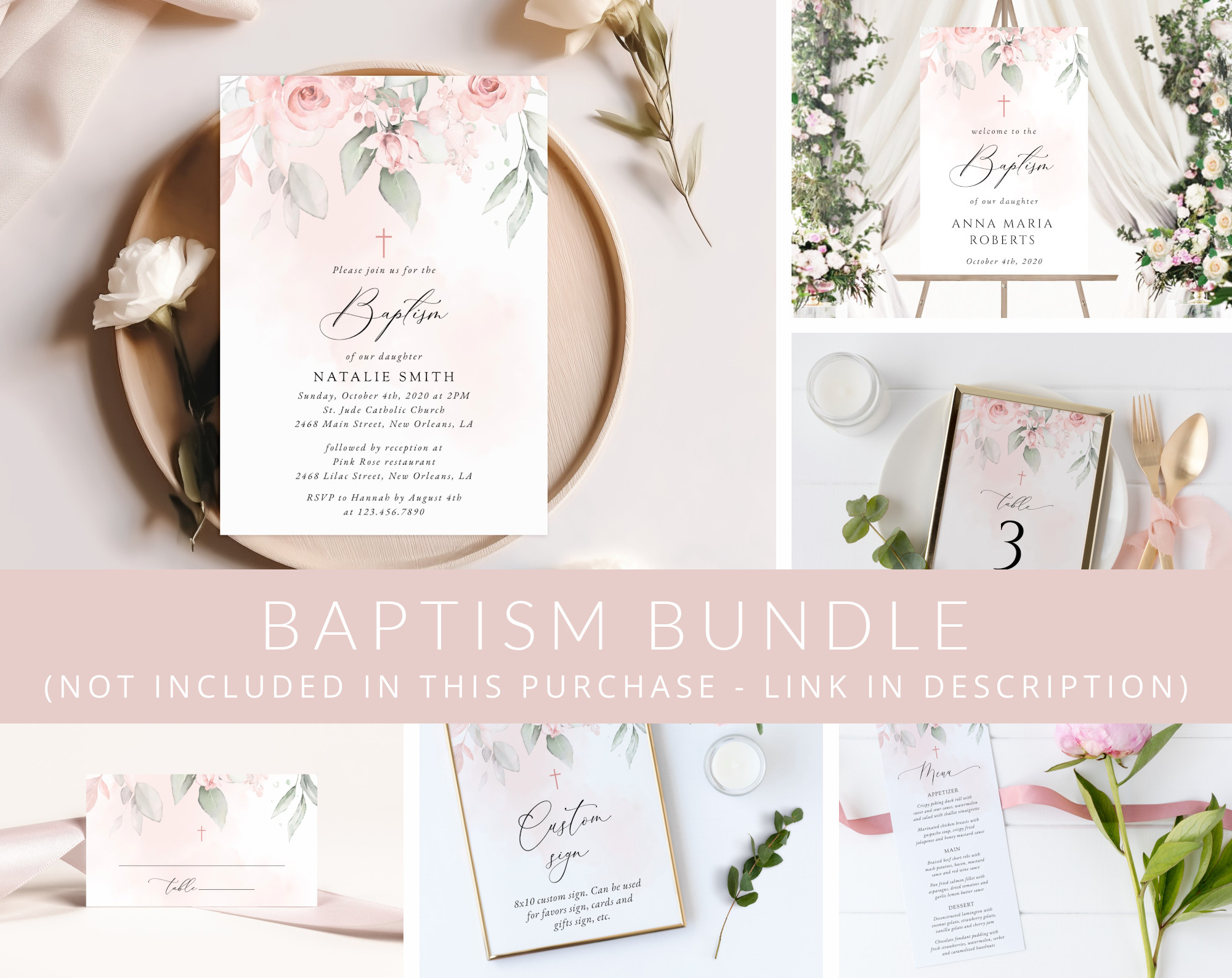 Blush Pink Flowers Baptism Mini Bundle, Printable File, Edit Yourself, SH142