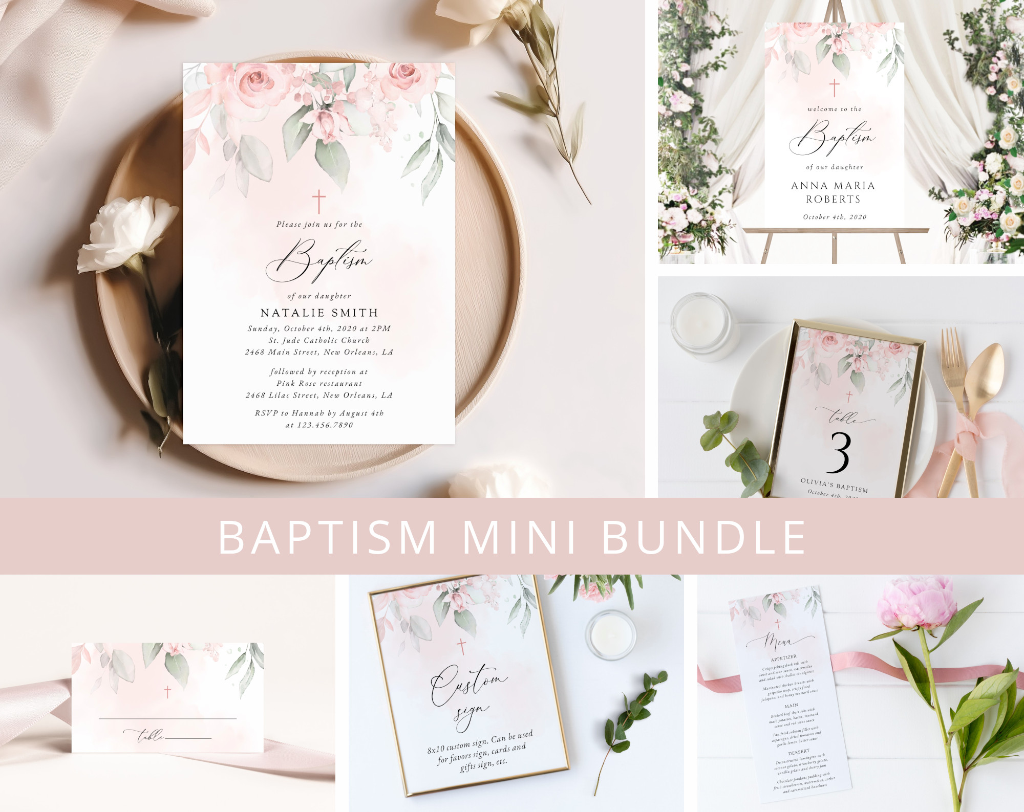 Blush Pink Flowers Baptism Mini Bundle, Printable File, Edit Yourself, SH142