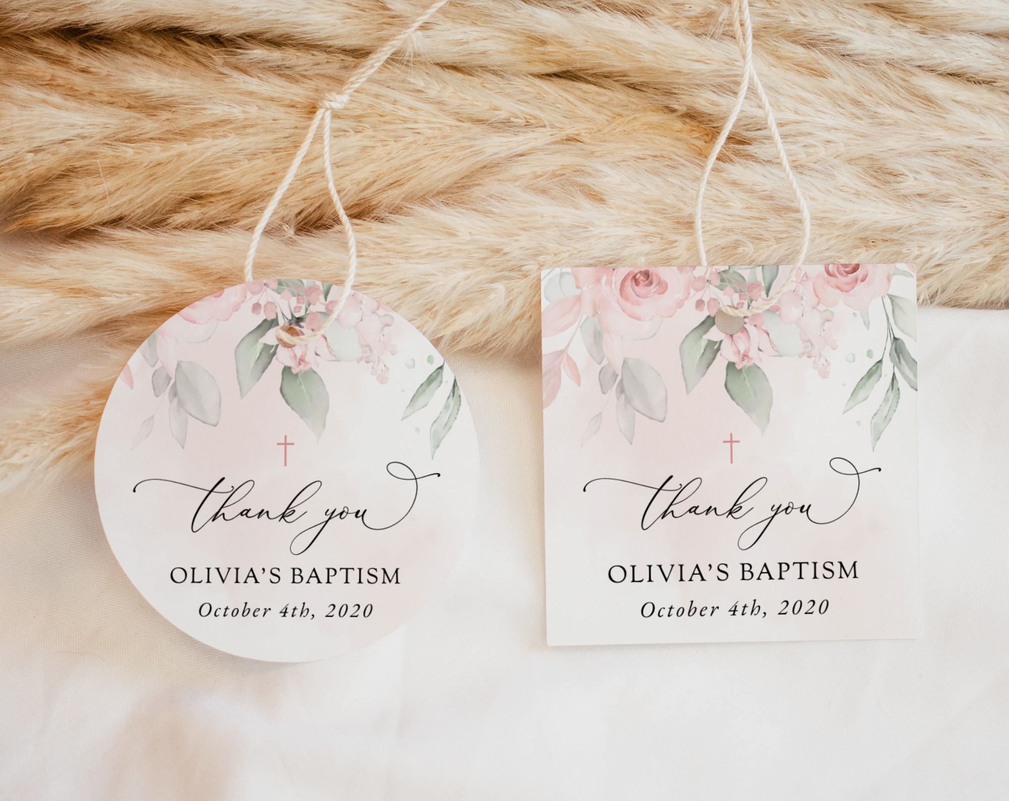 Blush Pink Flowers Baptism Favor Tags, Gift Tags, Printable File, Edit Yourself, SH142