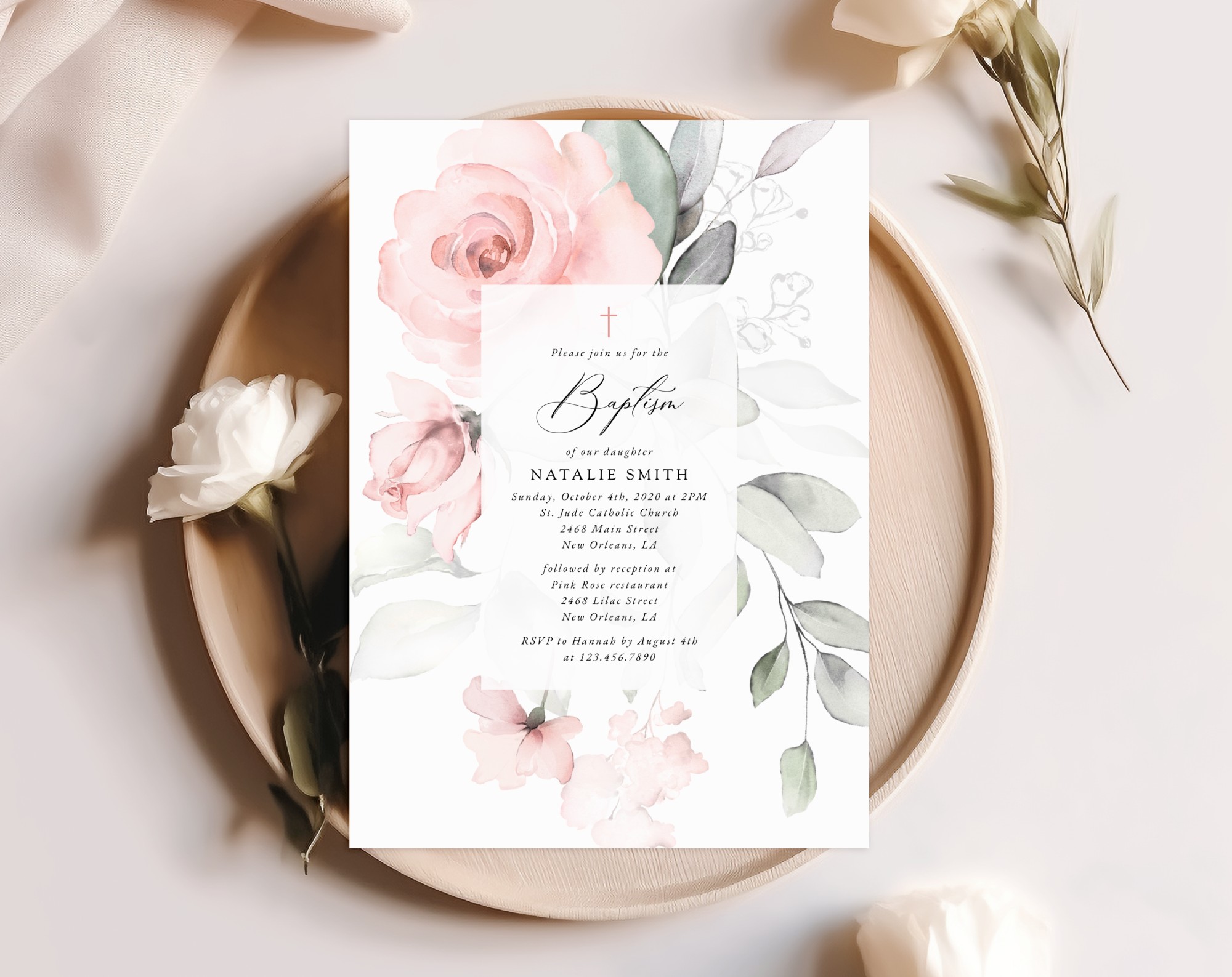 Blush Pink Flowers Baptism Invite, Baptism Stationery, Printable File, Edit Yourself, SH142