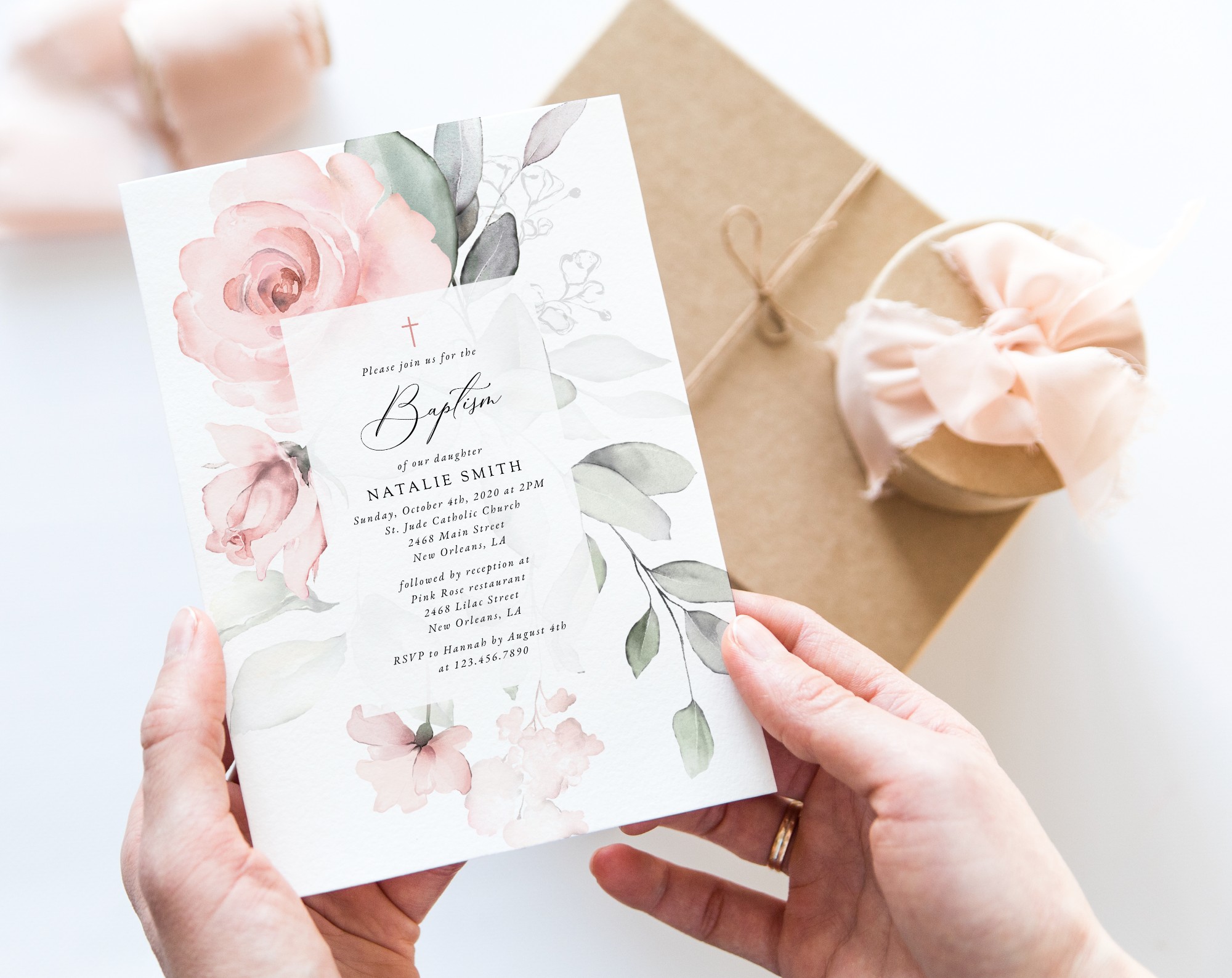 Blush Pink Flowers Baptism Invite, Baptism Stationery, Printable File, Edit Yourself, SH142