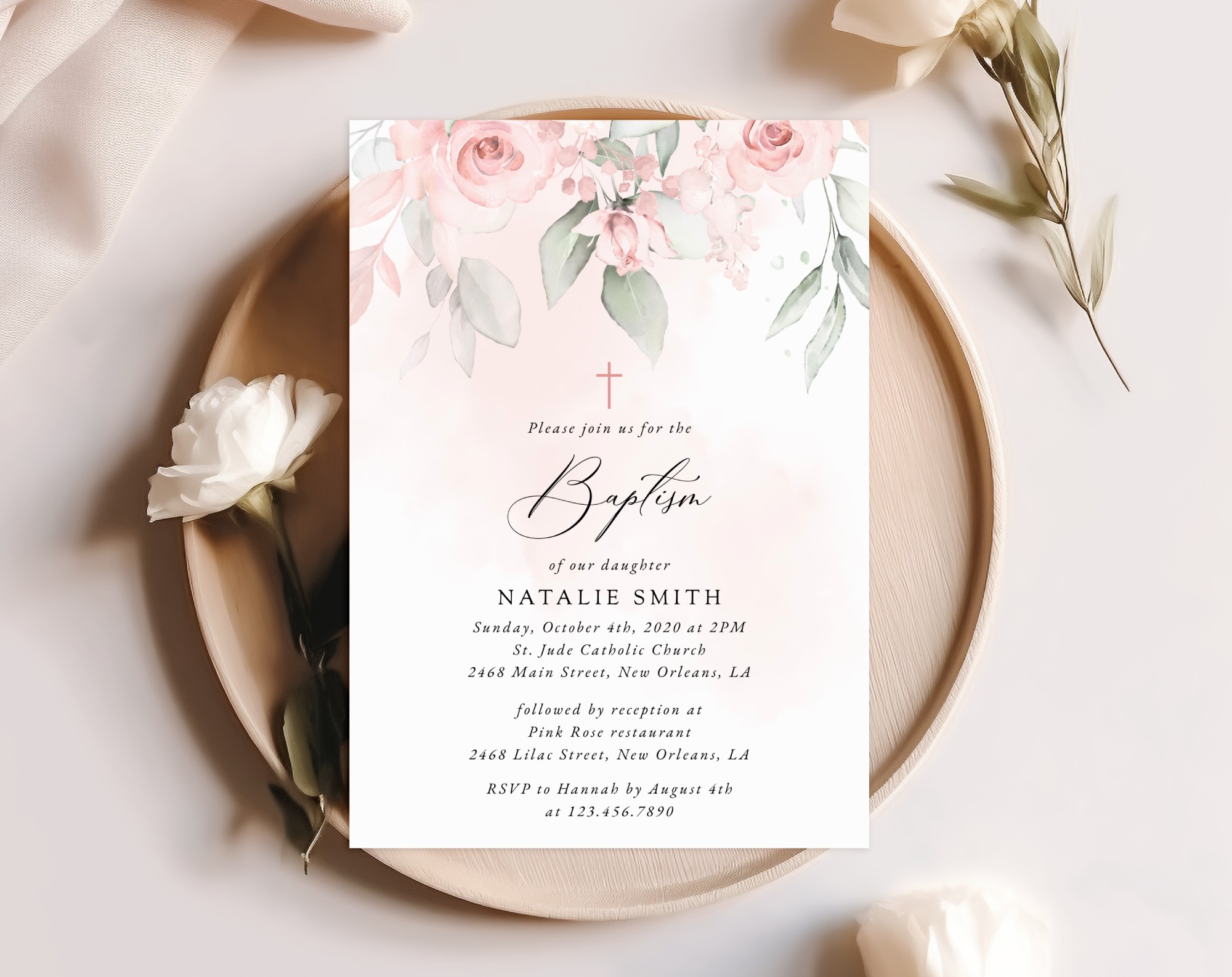 Blush Pink Flowers Baptism Invitation, Baptism Stationery, Printable File, Edit Yourself, SH142