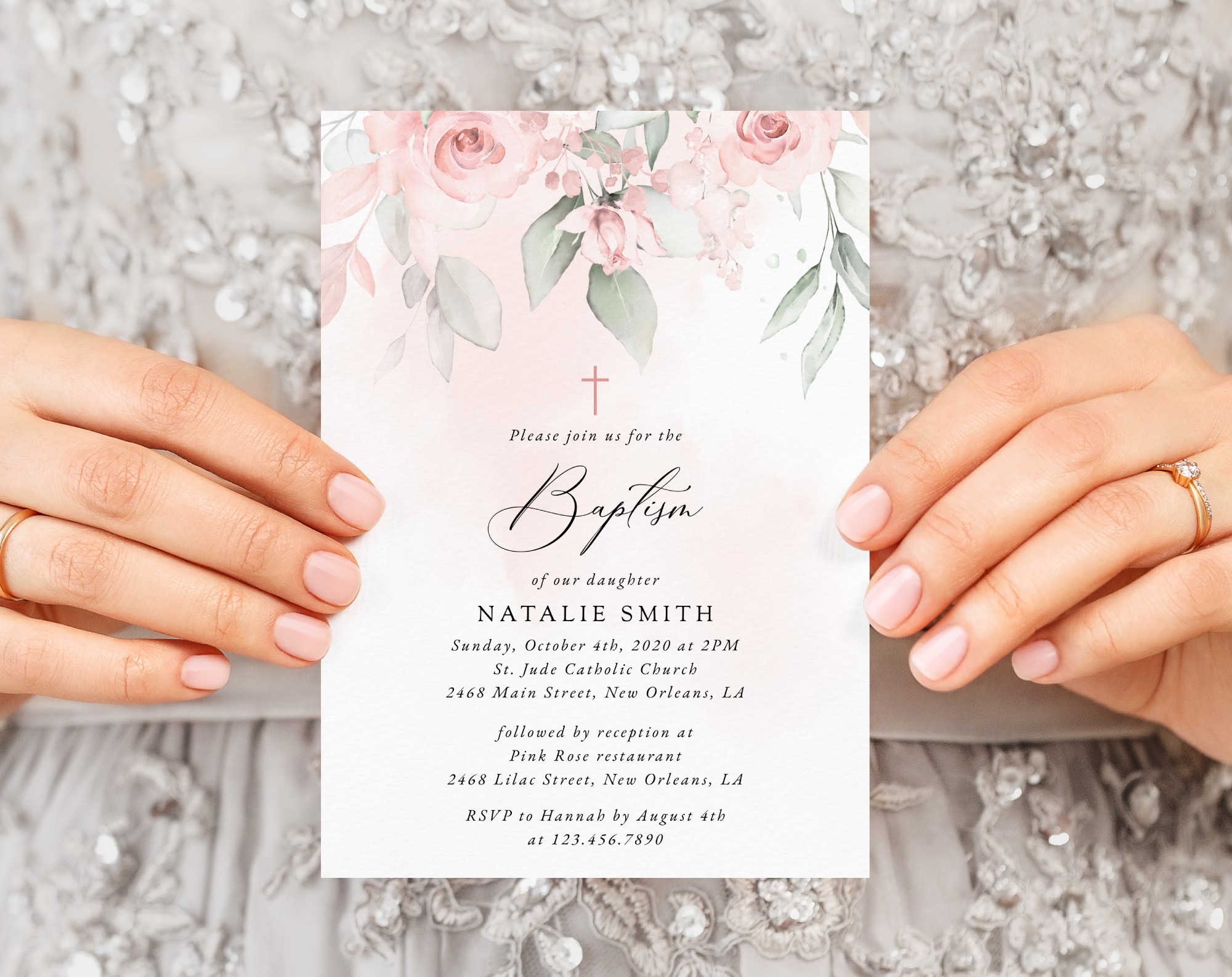 Blush Pink Flowers Baptism Invitation, Baptism Stationery, Printable File, Edit Yourself, SH142