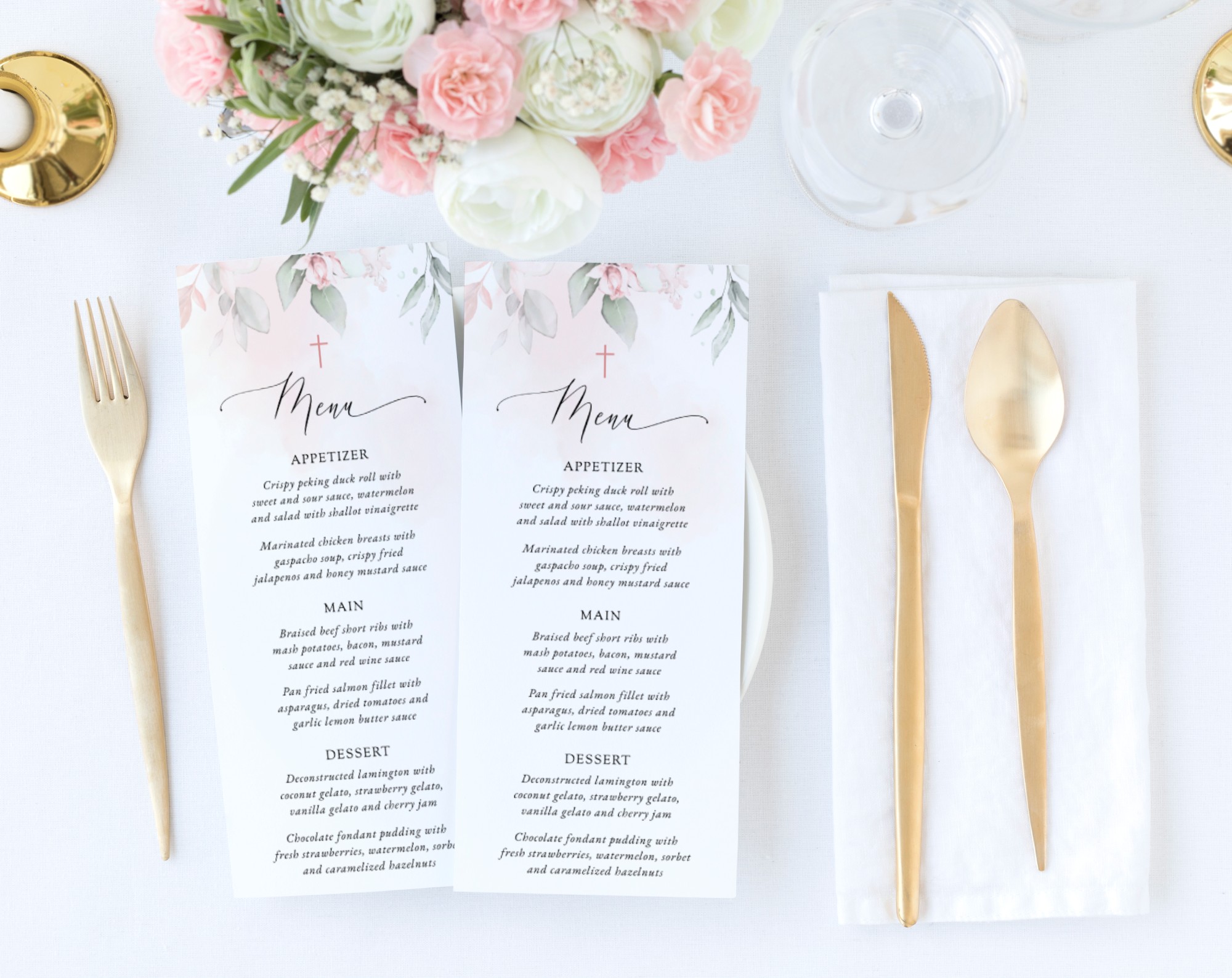Blush Pink Flowers Menu, Baptism, First Holy Communion, Printable File, Edit Yourself, SH142 SH143