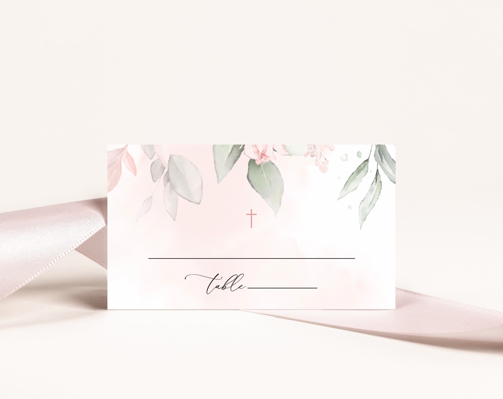 Blush Pink Flowers Place Card, Baptism, First Holy Communion, Printable File, Edit Yourself, SH142 SH143