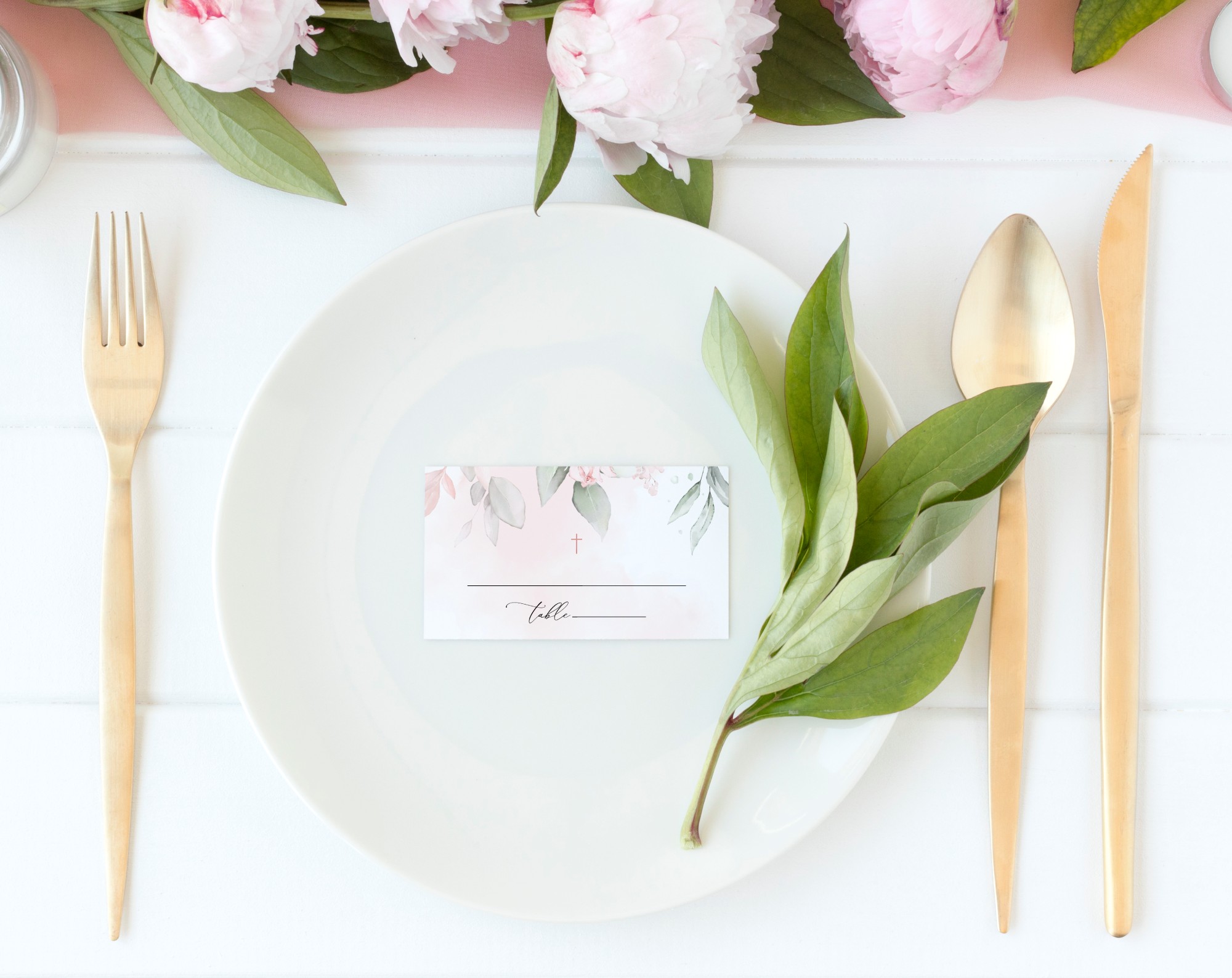 Blush Pink Flowers Place Card, Baptism, First Holy Communion, Printable File, Edit Yourself, SH142 SH143
