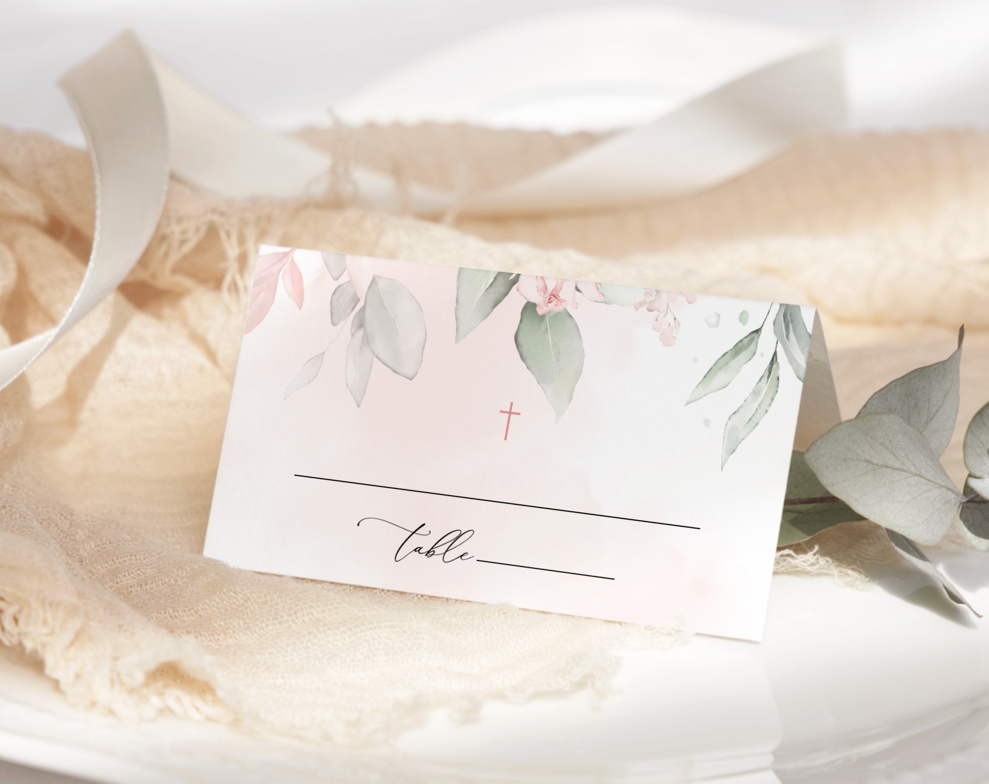 Blush Pink Flowers Place Card, Baptism, First Holy Communion, Printable File, Edit Yourself, SH142 SH143