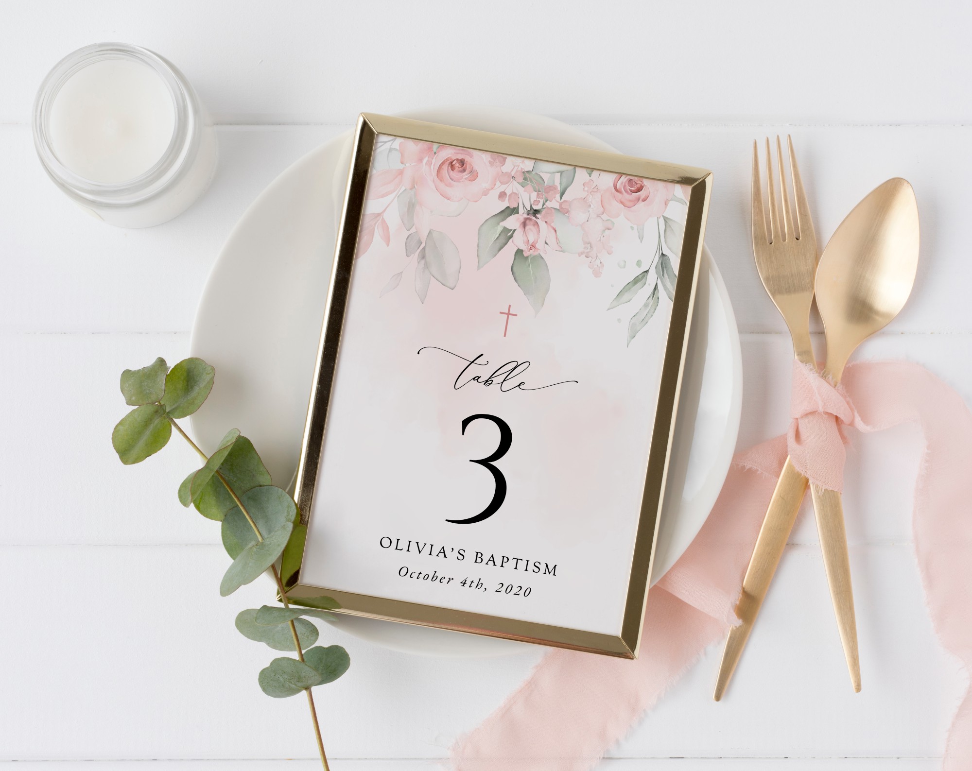 Blush Pink Flowers Table Number Sign, Baptism Sign, Printable File, Edit Yourself, SH142