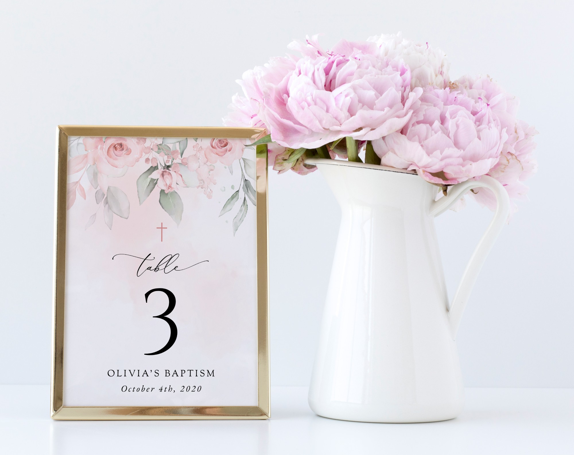Blush Pink Flowers Table Number Sign, Baptism Sign, Printable File, Edit Yourself, SH142