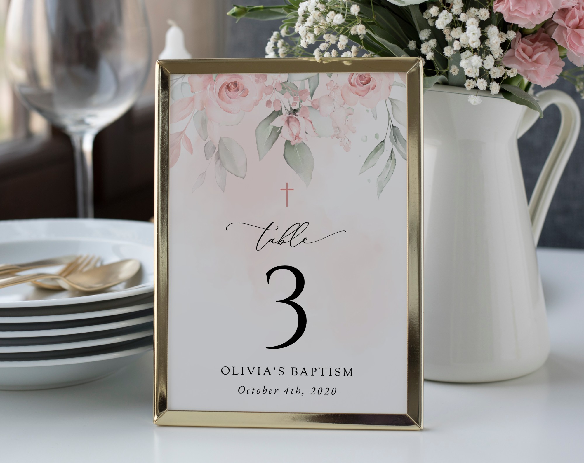 Blush Pink Flowers Table Number Sign, Baptism Sign, Printable File, Edit Yourself, SH142