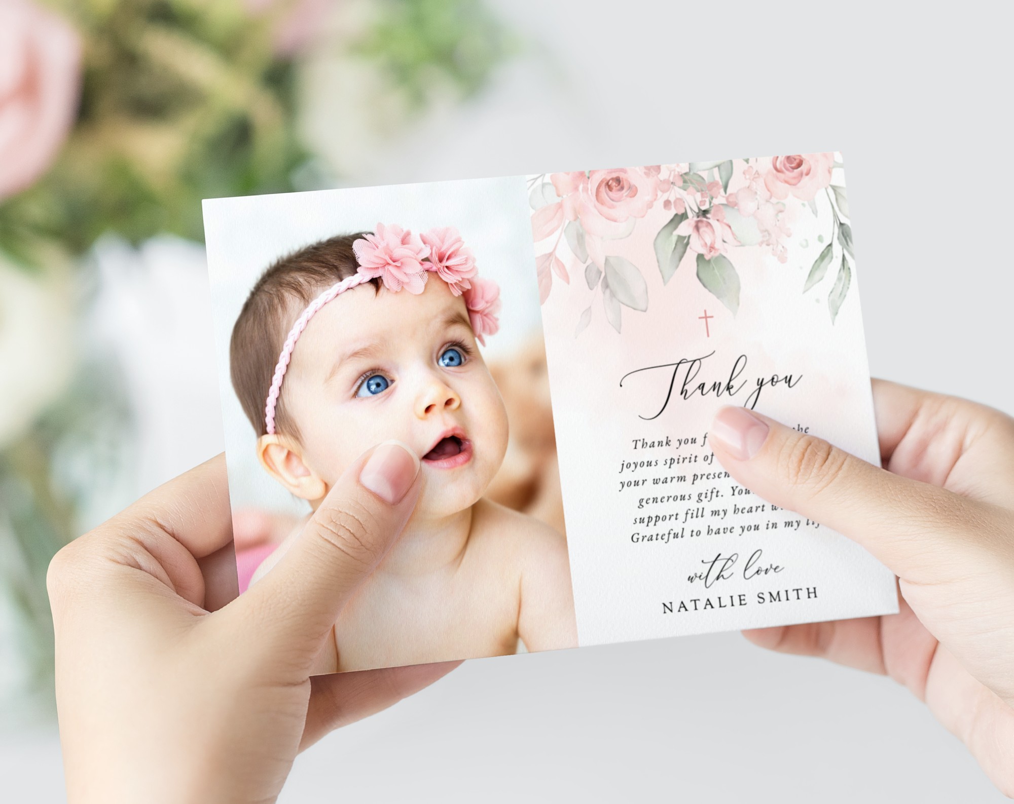 Blush Pink Flowers Baptism Thank You Card, Baptism Stationery, Printable File, Edit Yourself, SH142 Blush Pink Flowers Baptism Thank You Card, Baptism Stationery, Printable File, Edit Yourself, SH142