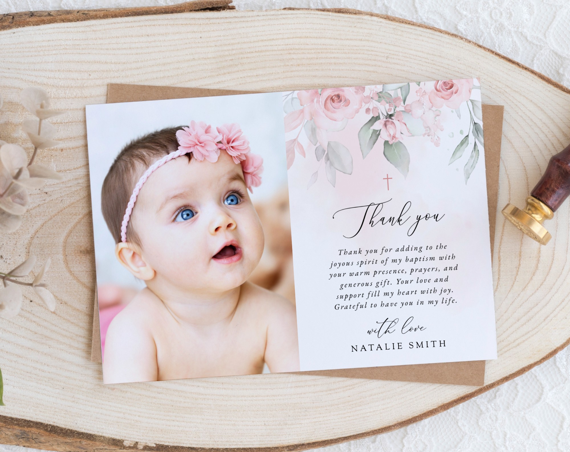 Blush Pink Flowers Baptism Thank You Card, Baptism Stationery, Printable File, Edit Yourself, SH142 Blush Pink Flowers Baptism Thank You Card, Baptism Stationery, Printable File, Edit Yourself, SH142