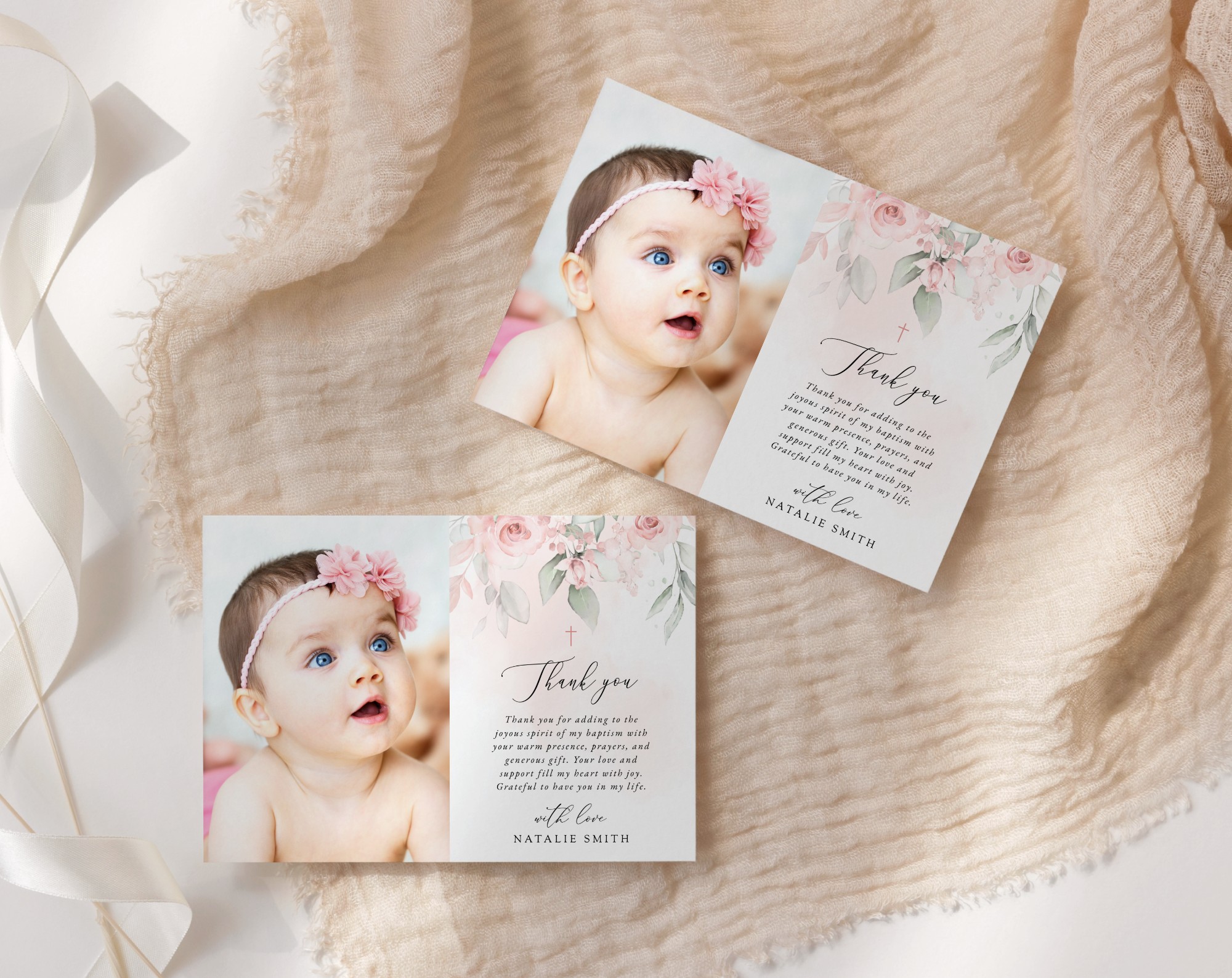 Blush Pink Flowers Baptism Thank You Card, Baptism Stationery, Printable File, Edit Yourself, SH142