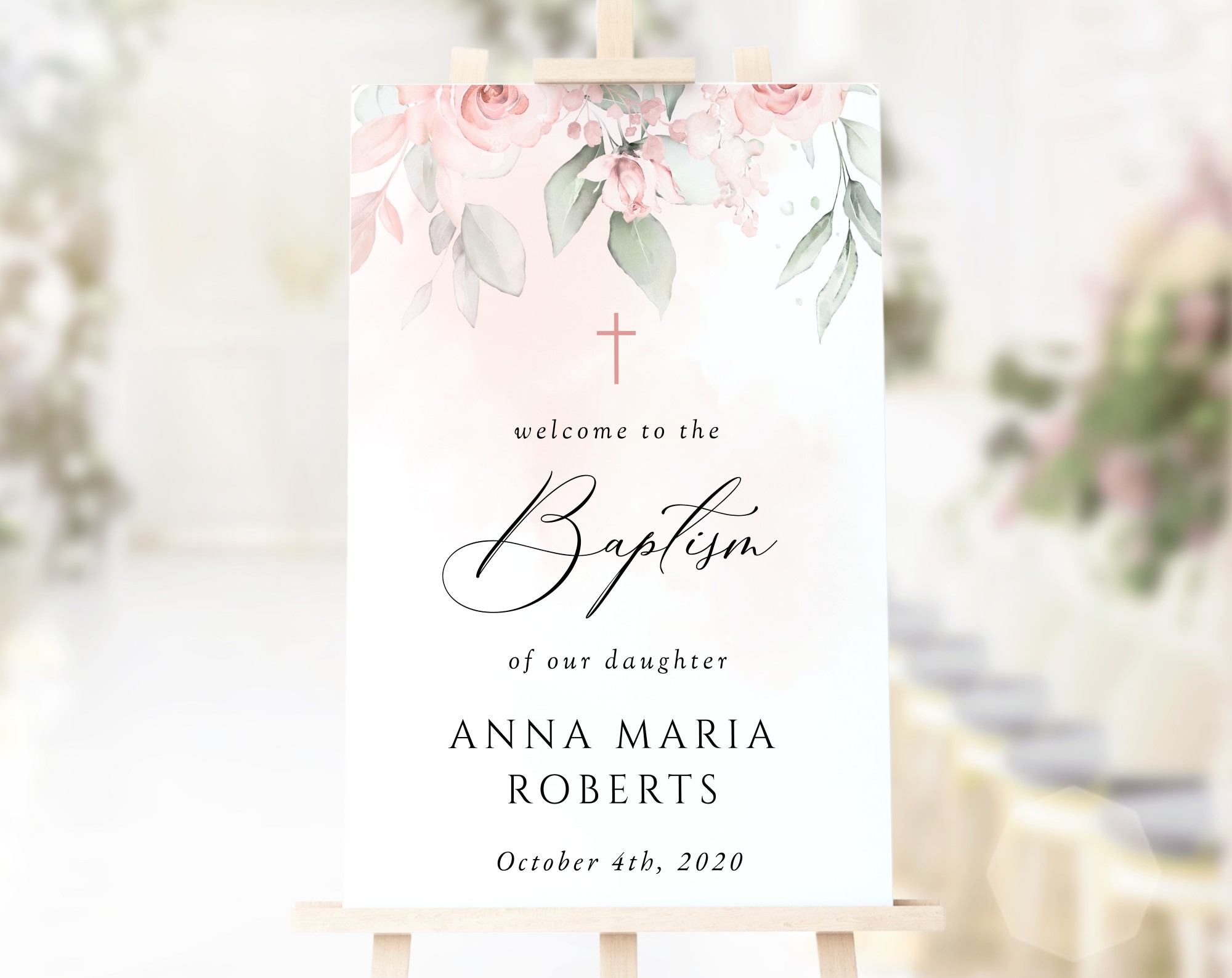 Blush Pink Flowers Welcome Sign, Baptism Sign, Printable File, Edit Yourself, SH142