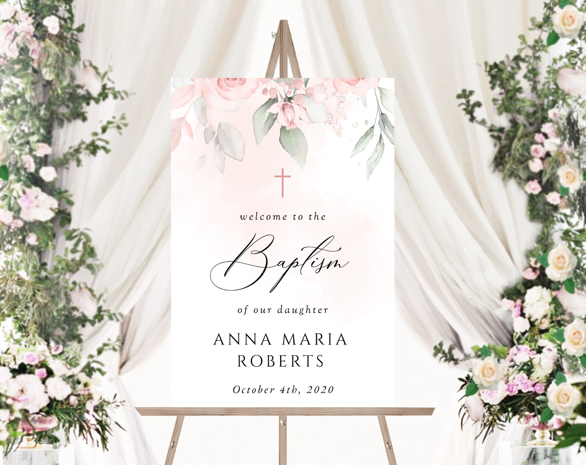 Blush Pink Flowers Welcome Sign, Baptism Sign, Printable File, Edit Yourself, SH142