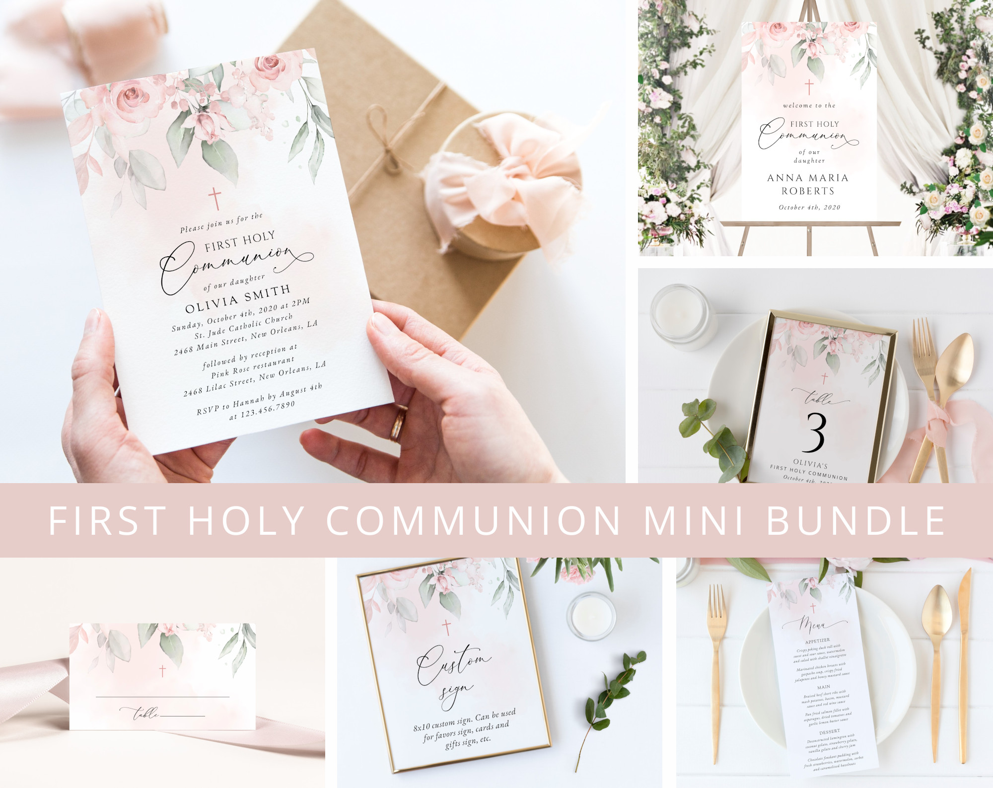 Blush Pink Flowers First Holy Communion Mini Bundle, Printable File, Edit Yourself, SH143