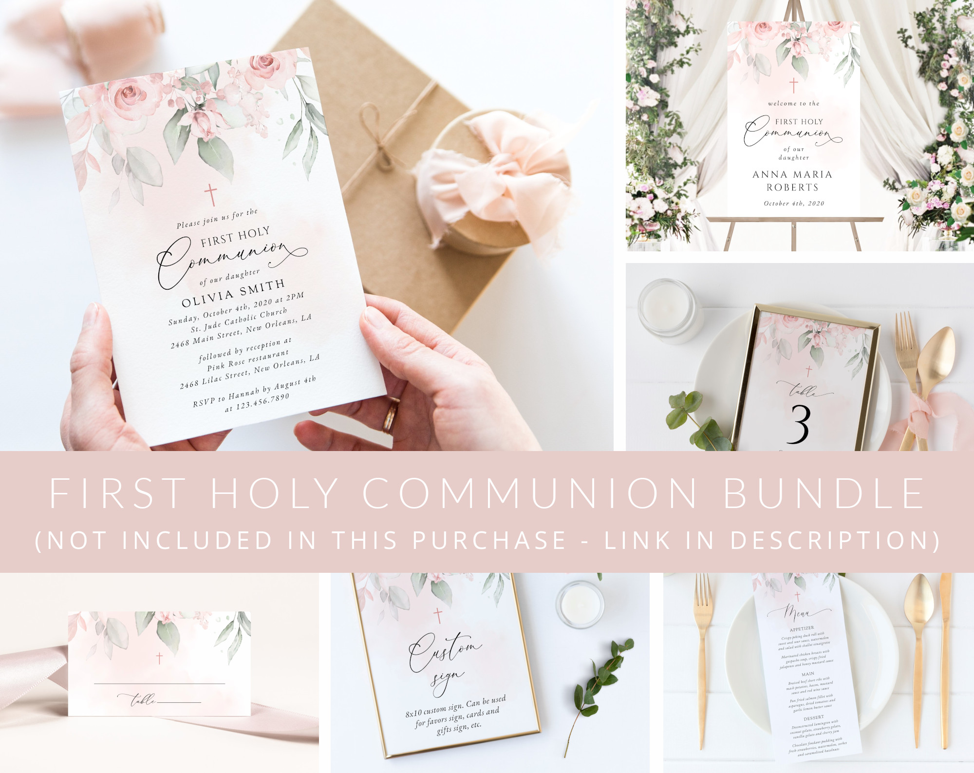 Blush Pink Flowers First Holy Communion Mini Bundle, Printable File, Edit Yourself, SH143