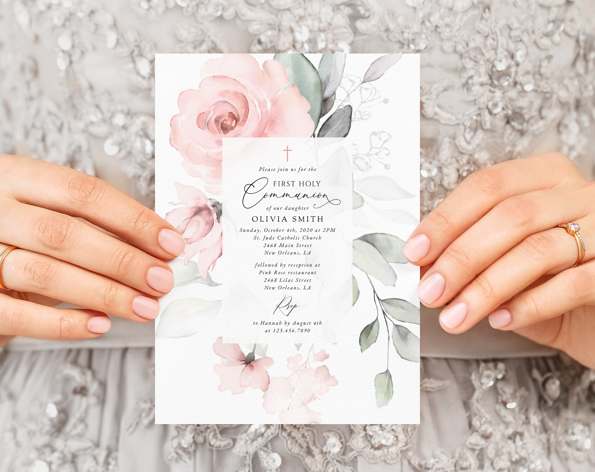 Blush Pink Flowers First Holy Communion Invite, Printable File, Edit Yourself, SH143