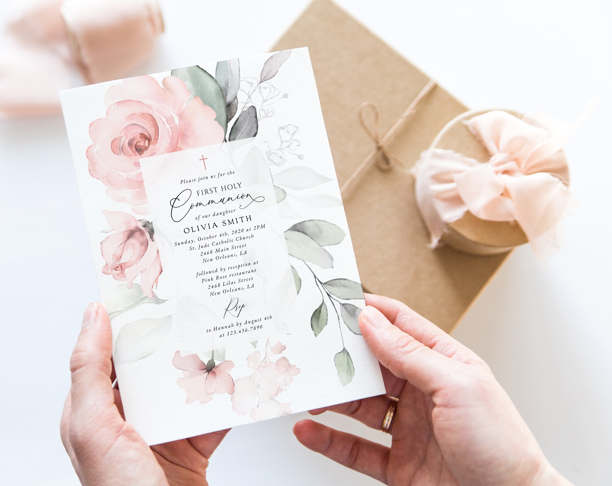 Blush Pink Flowers First Holy Communion Invite, Printable File, Edit Yourself, SH143 Blush Pink Flowers First Holy Communion Invite, Printable File, Edit Yourself, SH143