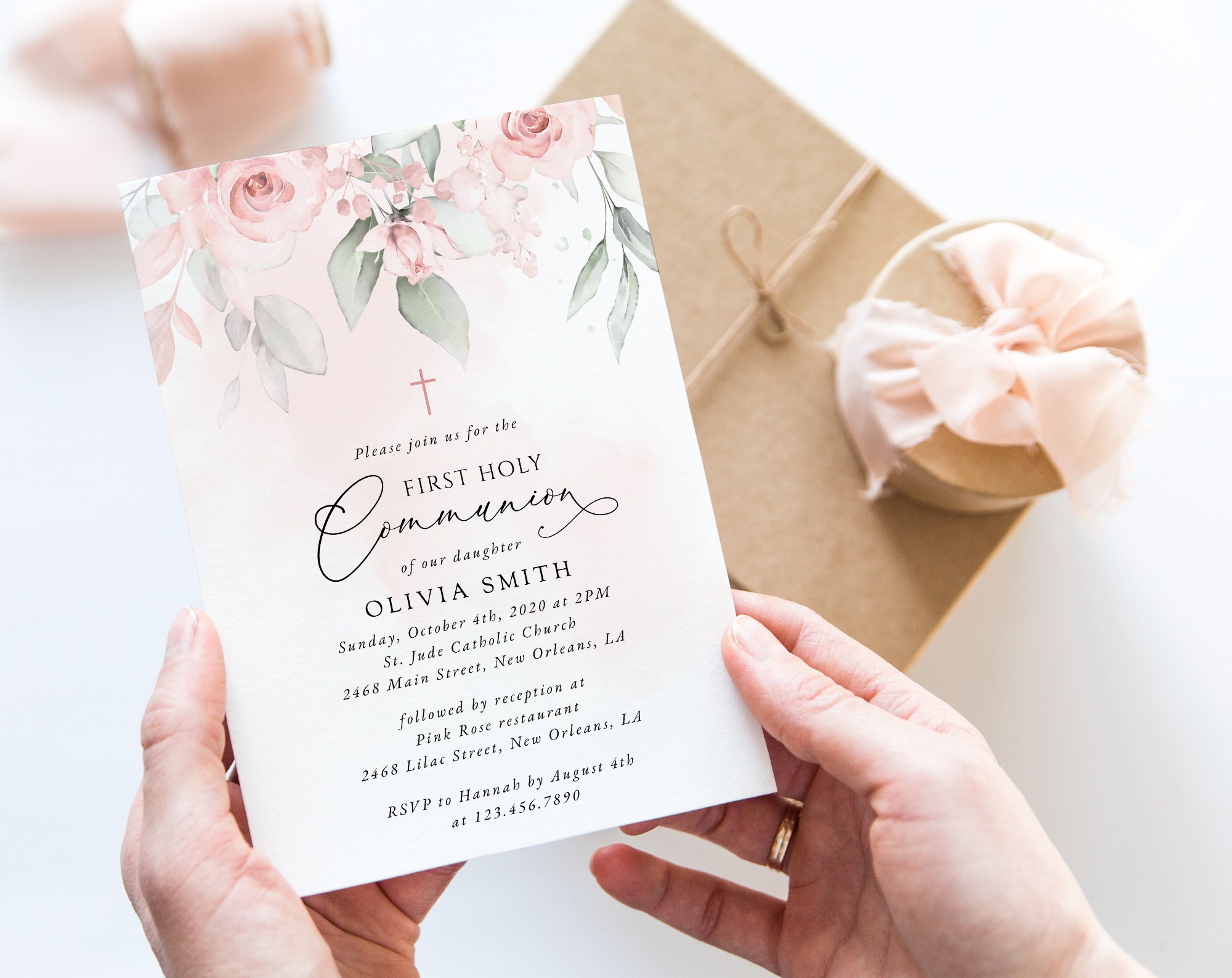 Blush Pink Flowers First Holy Communion Invitation, Printable File, Edit Yourself, SH143