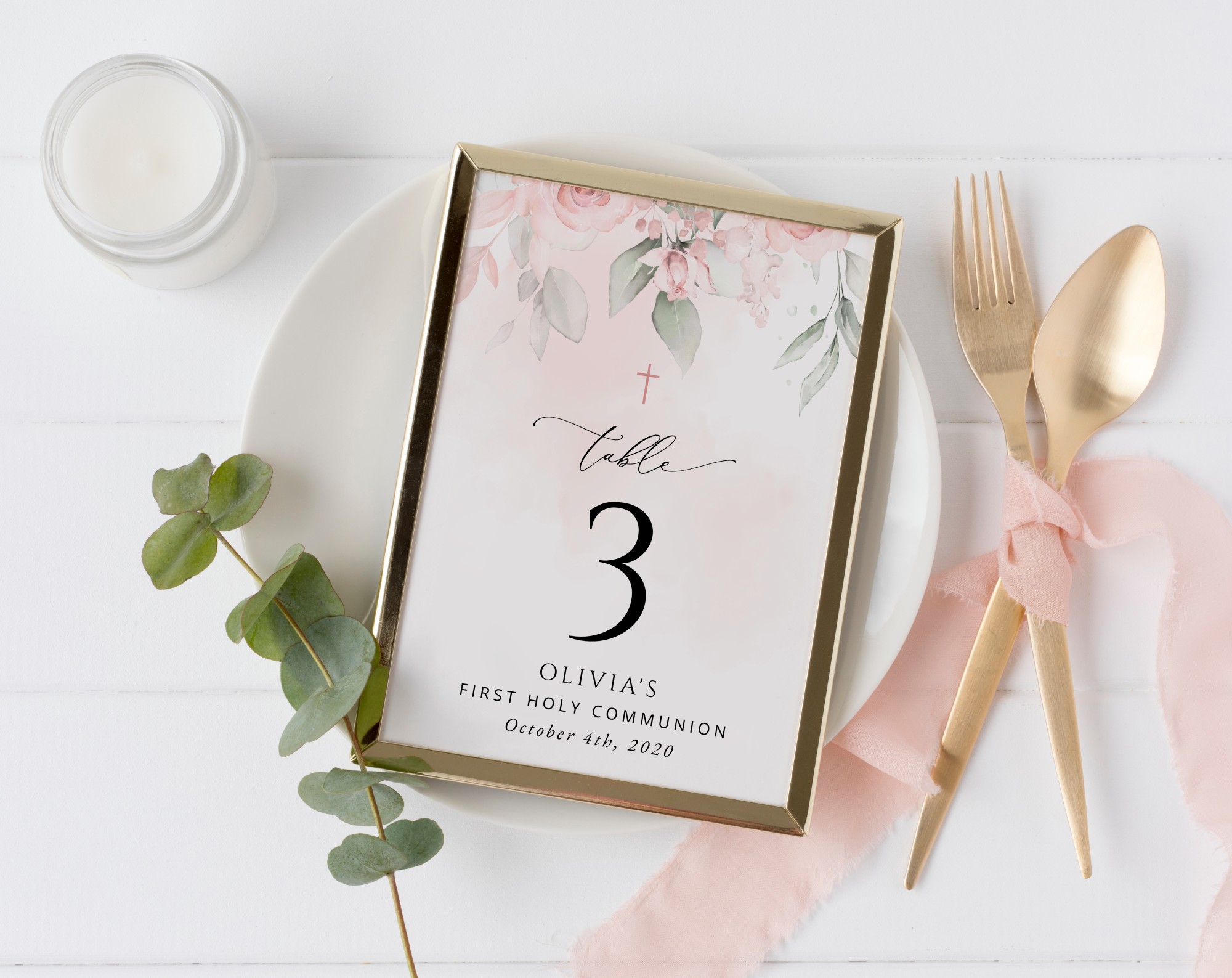 Blush Pink Flowers Table Number Sign, First Holy Communion Sign, Printable File, Edit Yourself, SH143