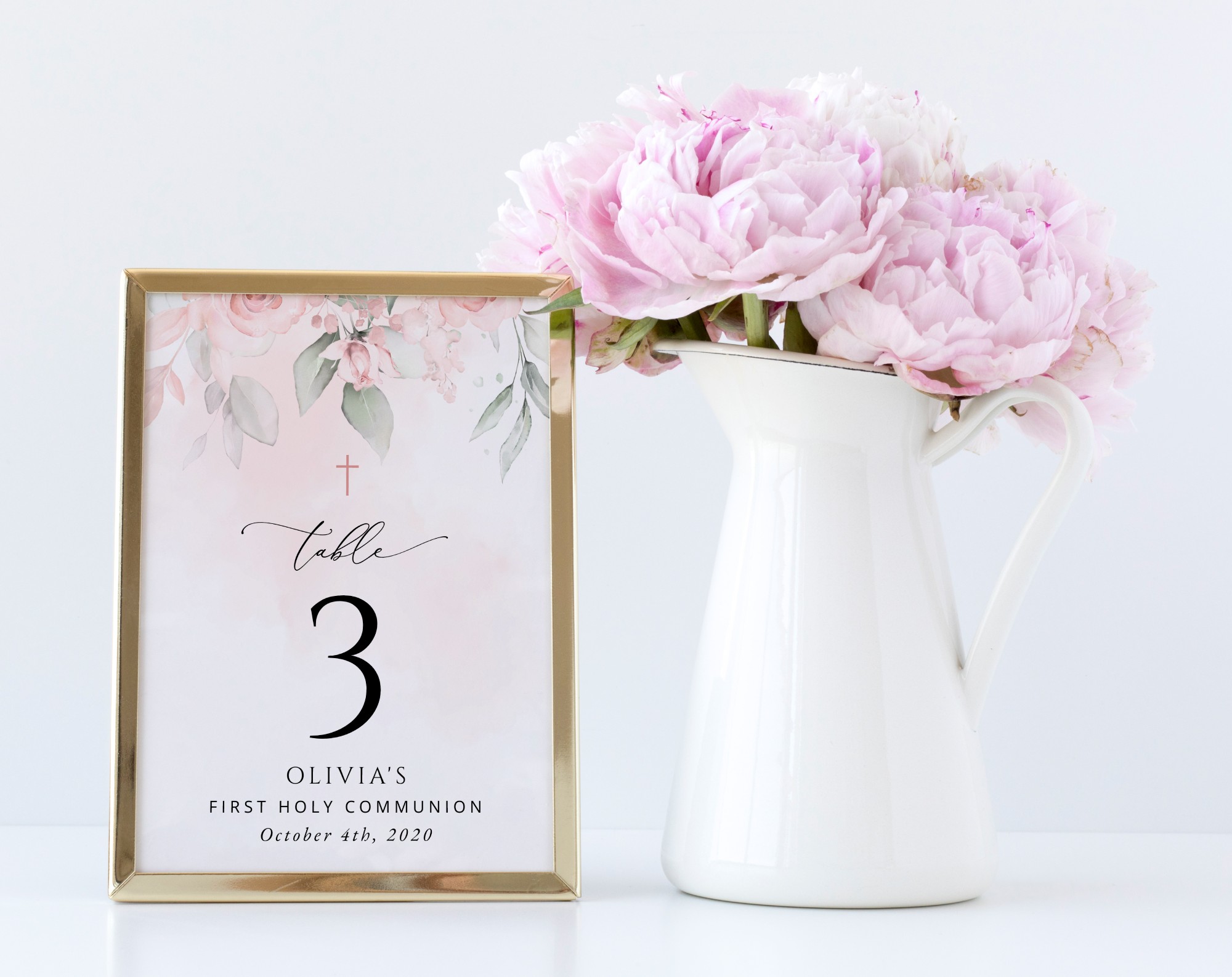 Blush Pink Flowers Table Number Sign, First Holy Communion Sign, Printable File, Edit Yourself, SH143