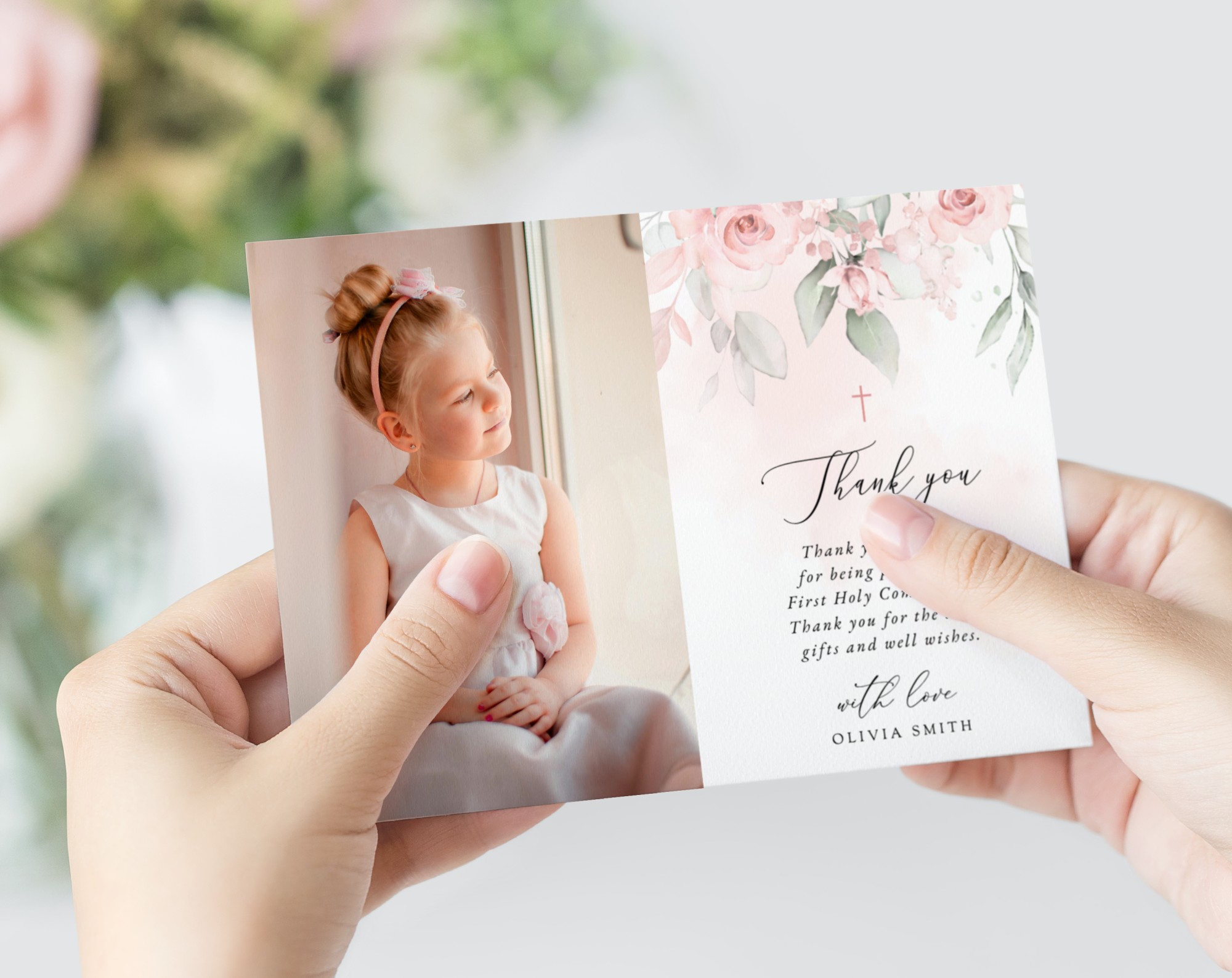 Blush Pink Flowers First Holy Communion Thank You Card, Printable File, Edit Yourself, SH143