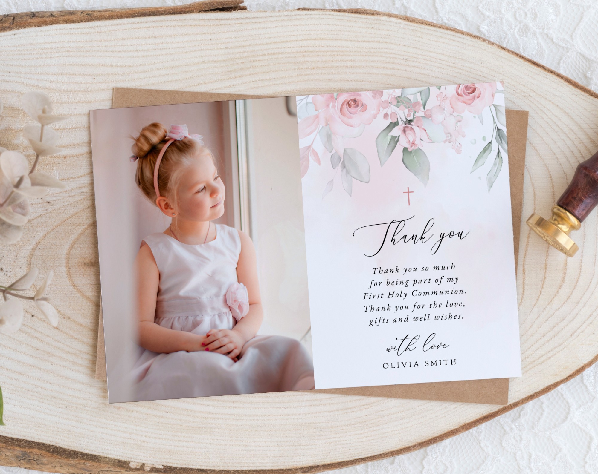 Blush Pink Flowers First Holy Communion Thank You Card, Printable File, Edit Yourself, SH143
