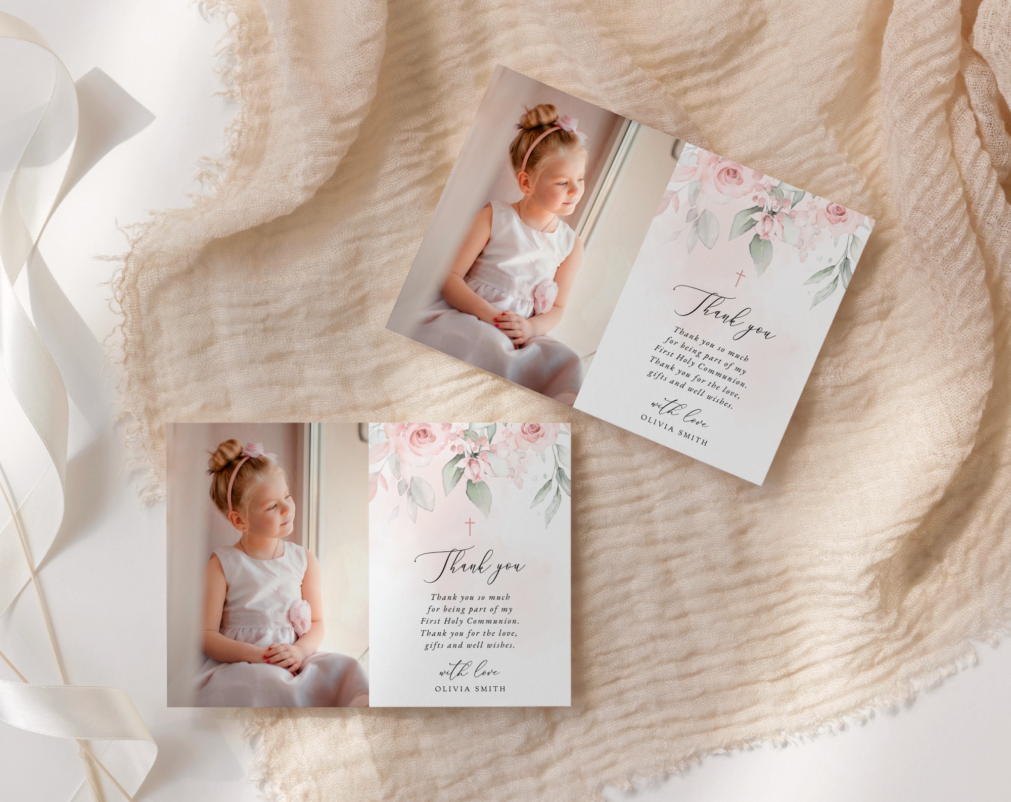 Blush Pink Flowers First Holy Communion Thank You Card, Printable File, Edit Yourself, SH143