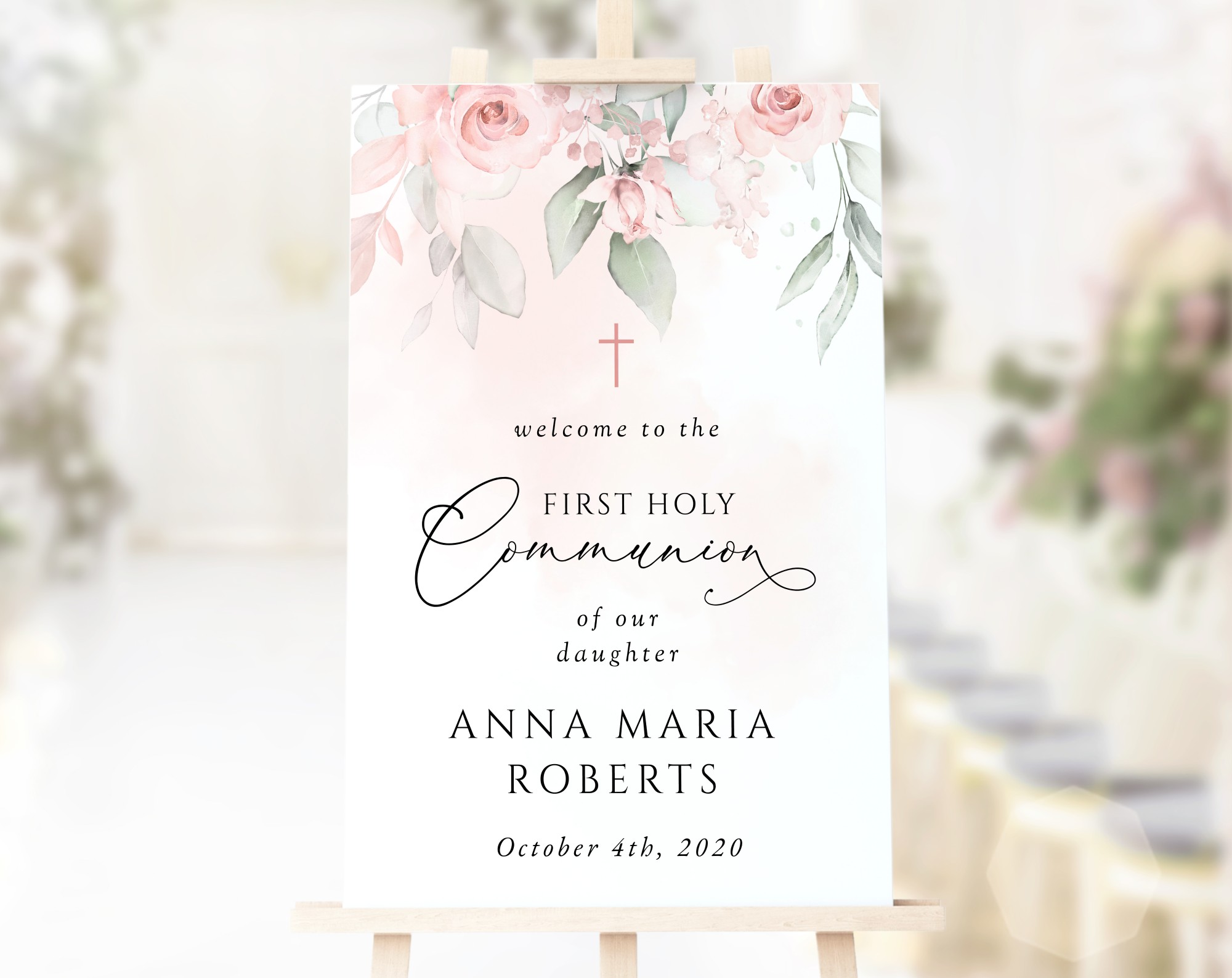 Blush Pink Flowers Welcome Sign, First Holy Communion Sign, Printable File, Edit Yourself, SH143